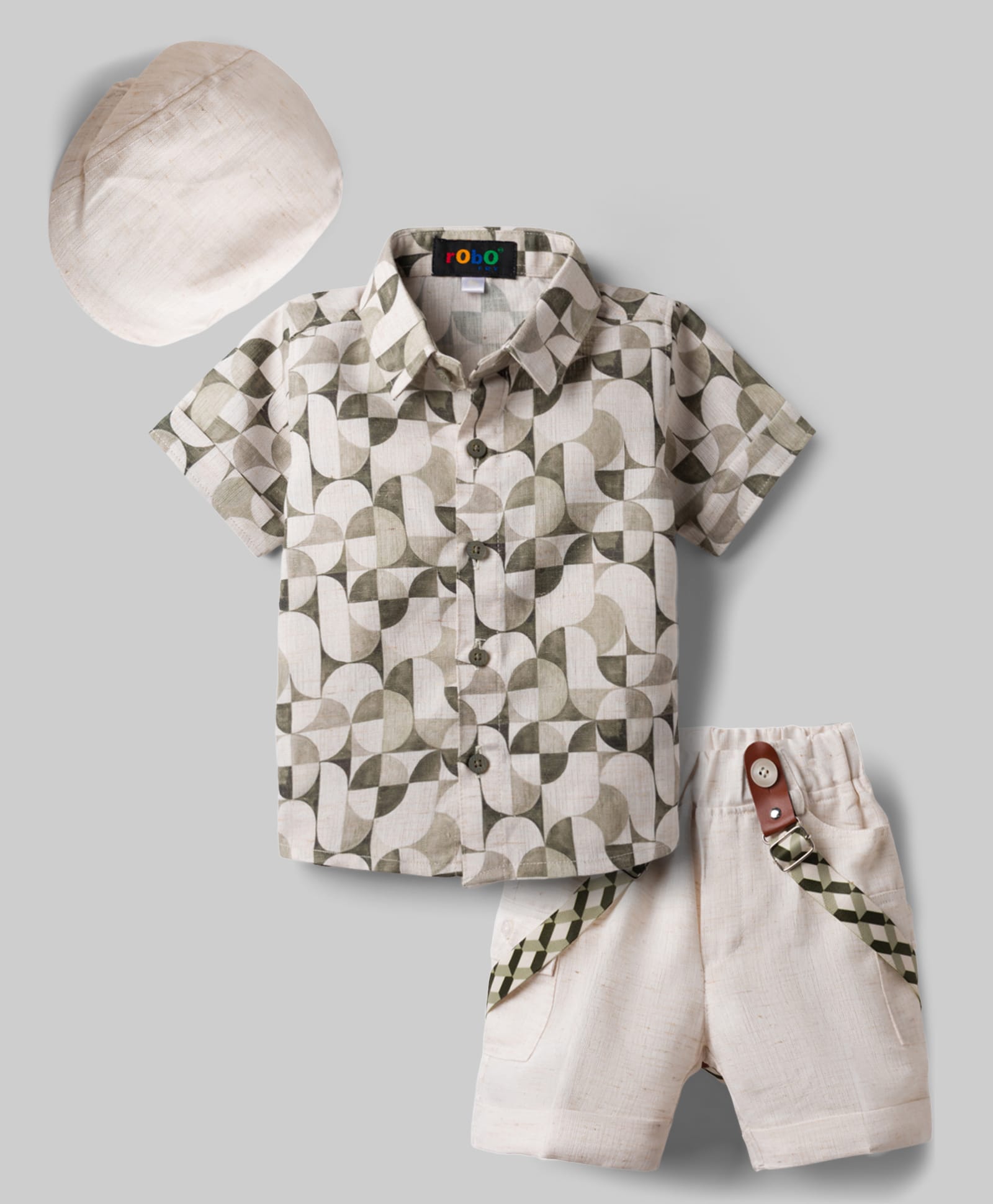 Robo Fry Cotton Woven Half Sleeves Geometrical Shape Printed Shirt & Shorts Set With Suspender Bow & Cap - Green-image-11