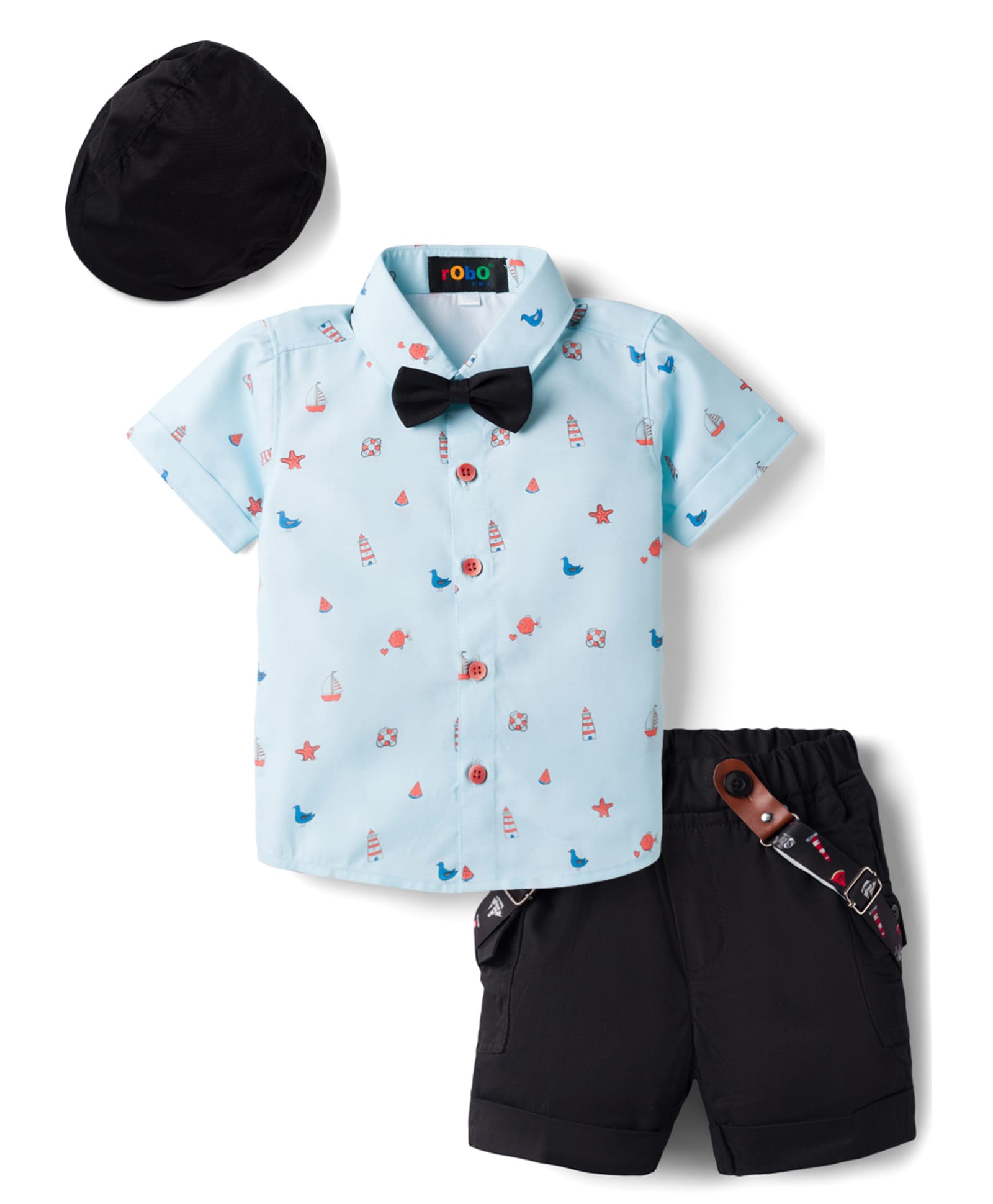 Robo Fry Cotton Woven Half Sleeves Nautical Theme & Sea Life Printed Shirt & Shorts Set With Bow Suspender & Cap - Light Blue-image-28