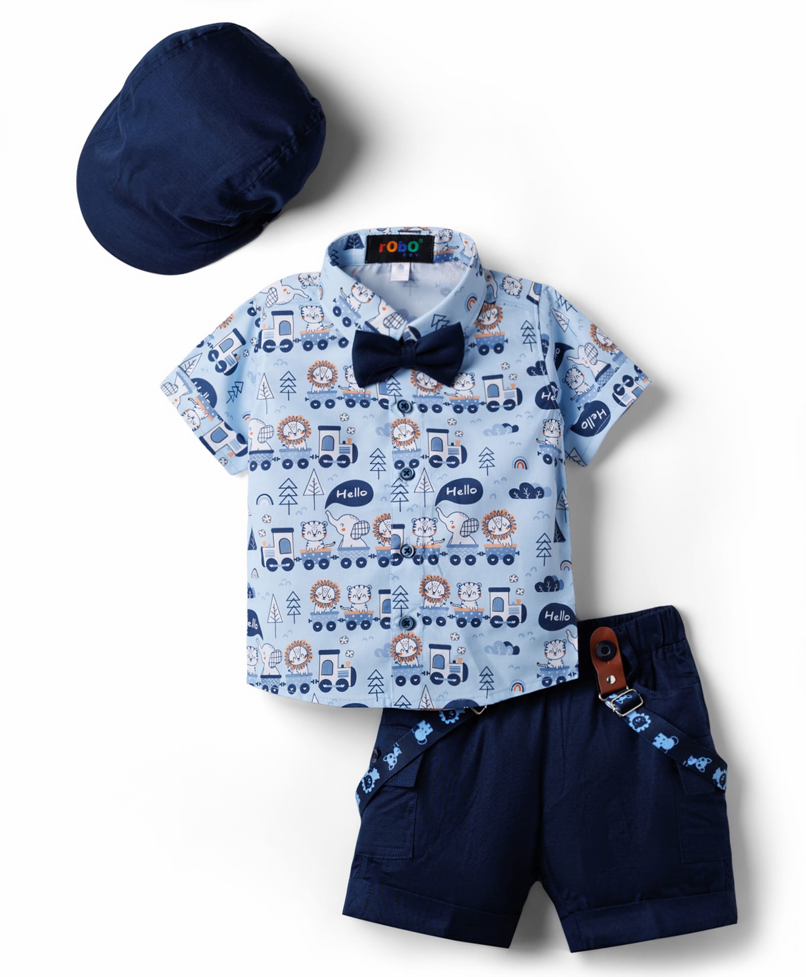 Robo Fry Cotton Woven Half Sleeves Animal Printed Shirt & Shorts Set With Suspender Bow & Cap - Blue-image-22