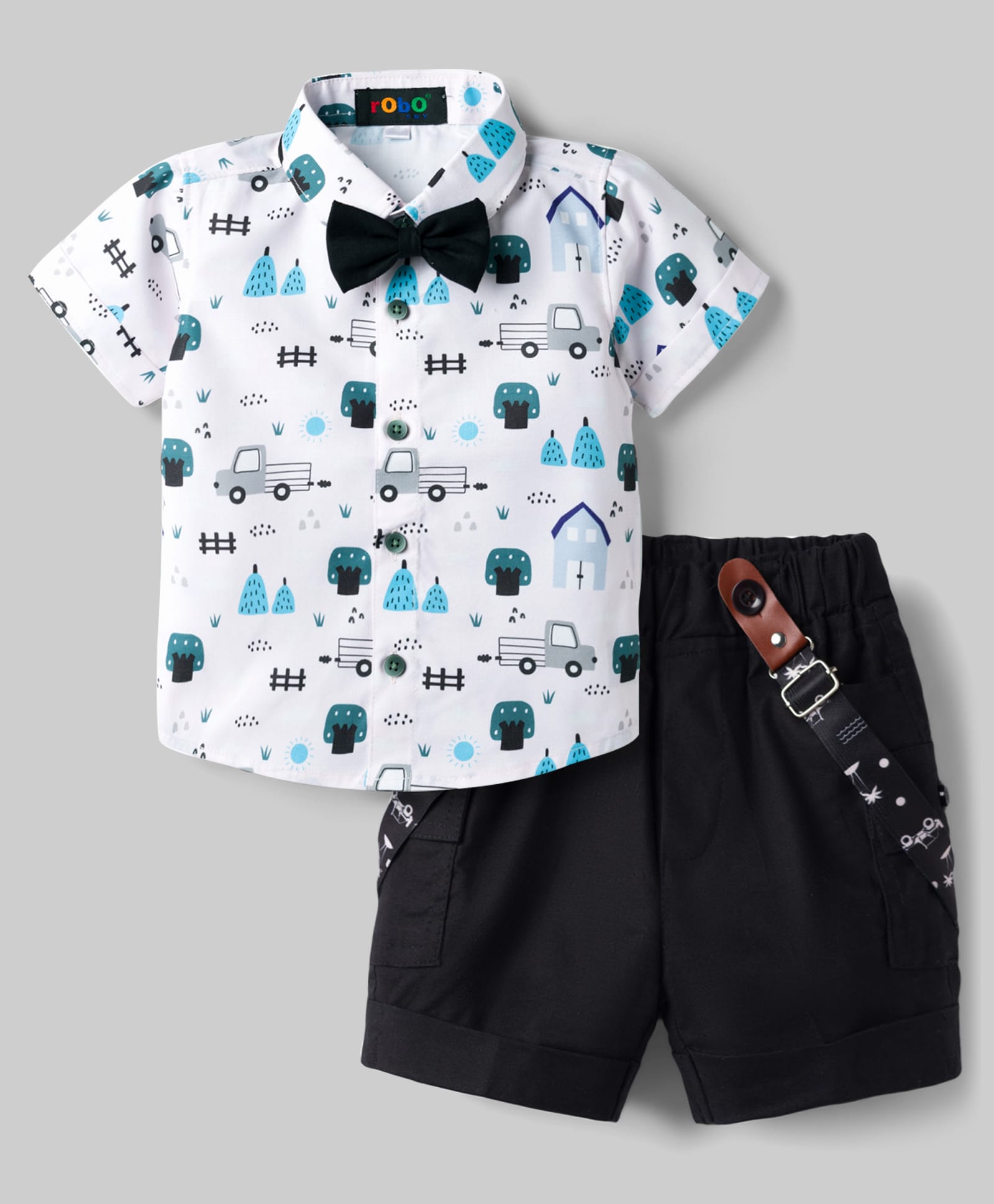 Robo Fry Cotton Woven Half Sleeves Vehicles Printed Shirt & Shorts Set With Bow & Suspender - Light Blue-picture-9