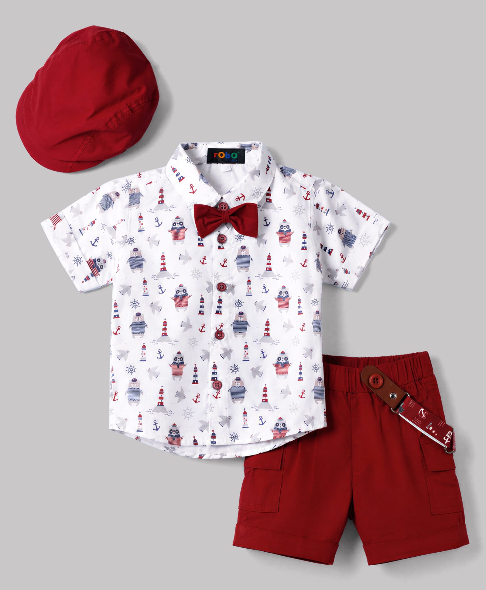 Robo Fry Cotton Woven Half Sleeves Nautical Theme & Animals Printed Shirt & Shorts Set With Suspender Bow & Cap - White-picture-11