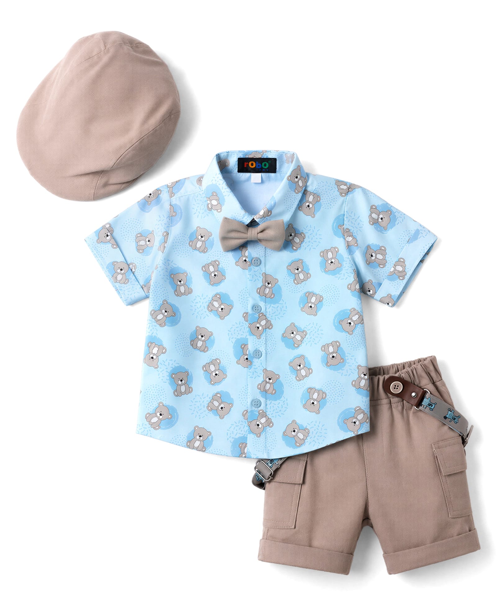 Robo Fry Cotton Woven Half Sleeves Bear Printed Shirt & Shorts Set with Cap Bow & Suspender - Sky-picture-19