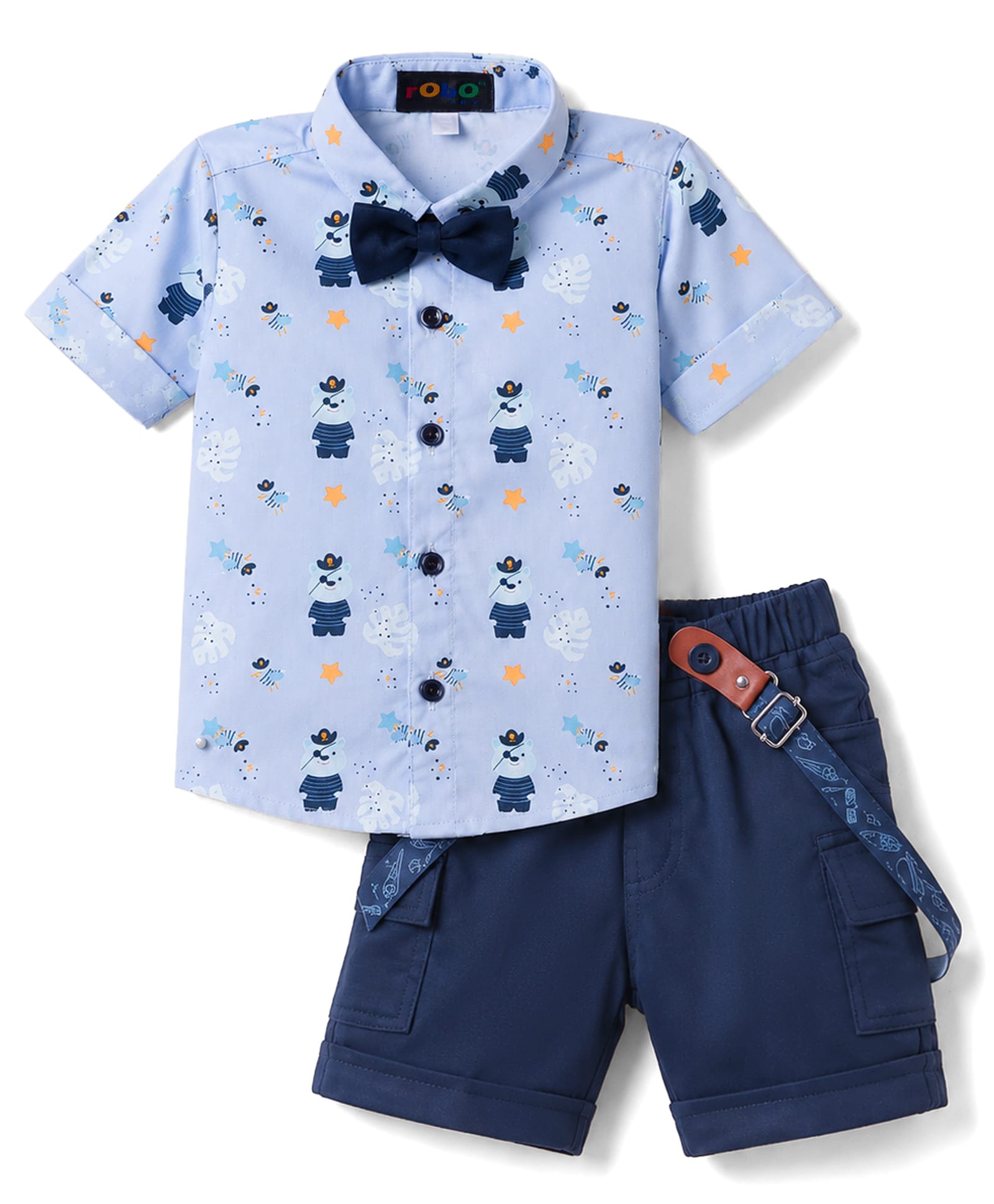 robo fry RoboFry Cotton Woven Half Sleeves Bear Printed Shirt & Shorts Set with Cap Bow & Suspender - Blue-picture-6