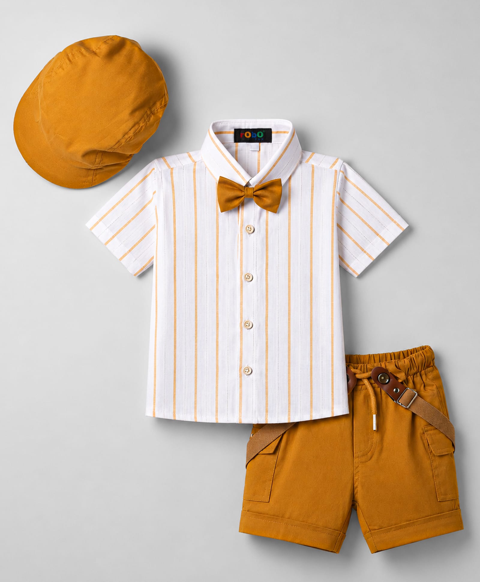 Robo Fry Cotton Woven Half Sleeves Striped Shirt & Shorts Set with Cap Bow & Suspender - White & Brown-image-21