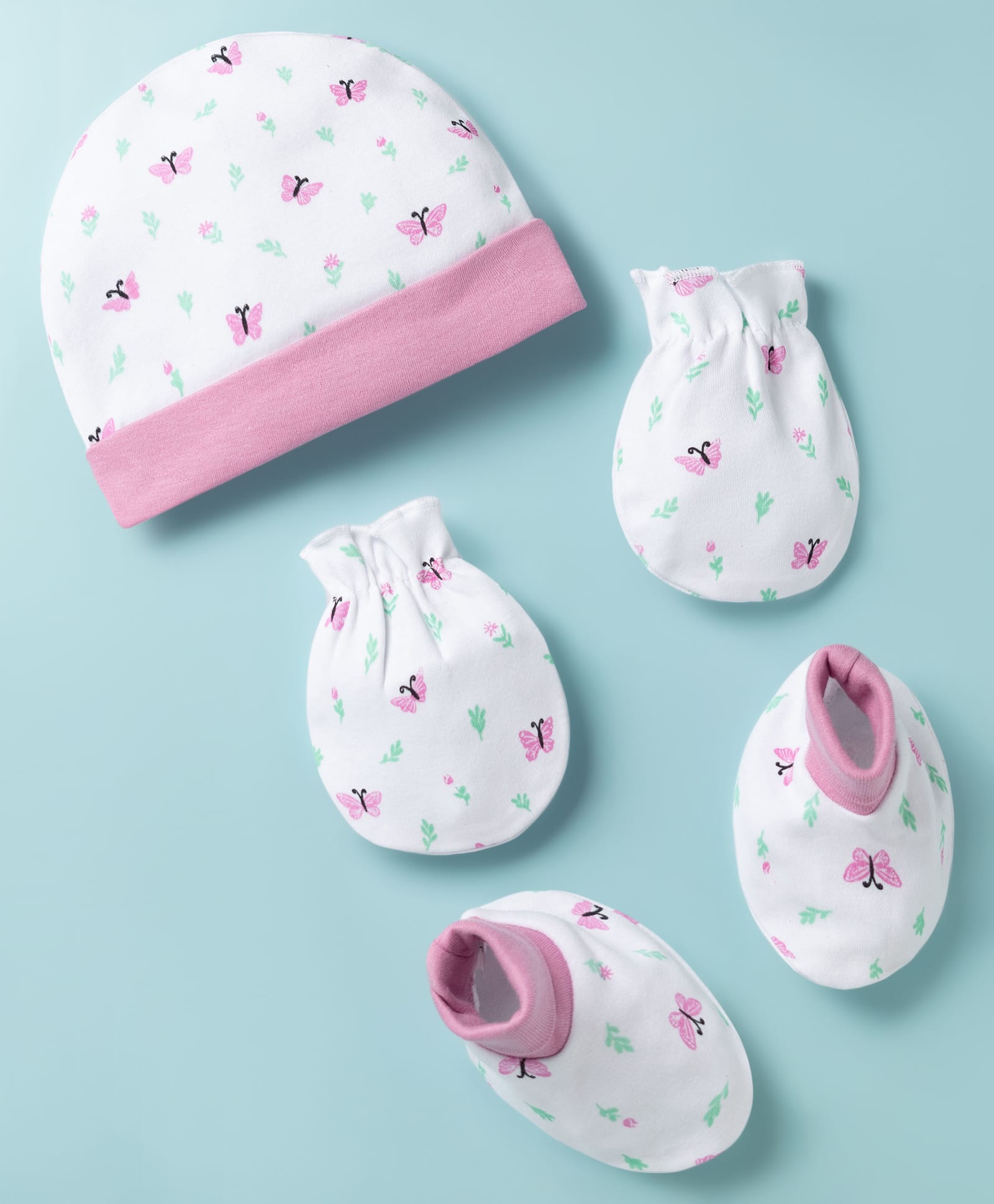 Babyhug 100% Cotton Knit Cap Mittens & Booties with Butterfly Print Multicolor - Diameter 8.5 cm-picture-15