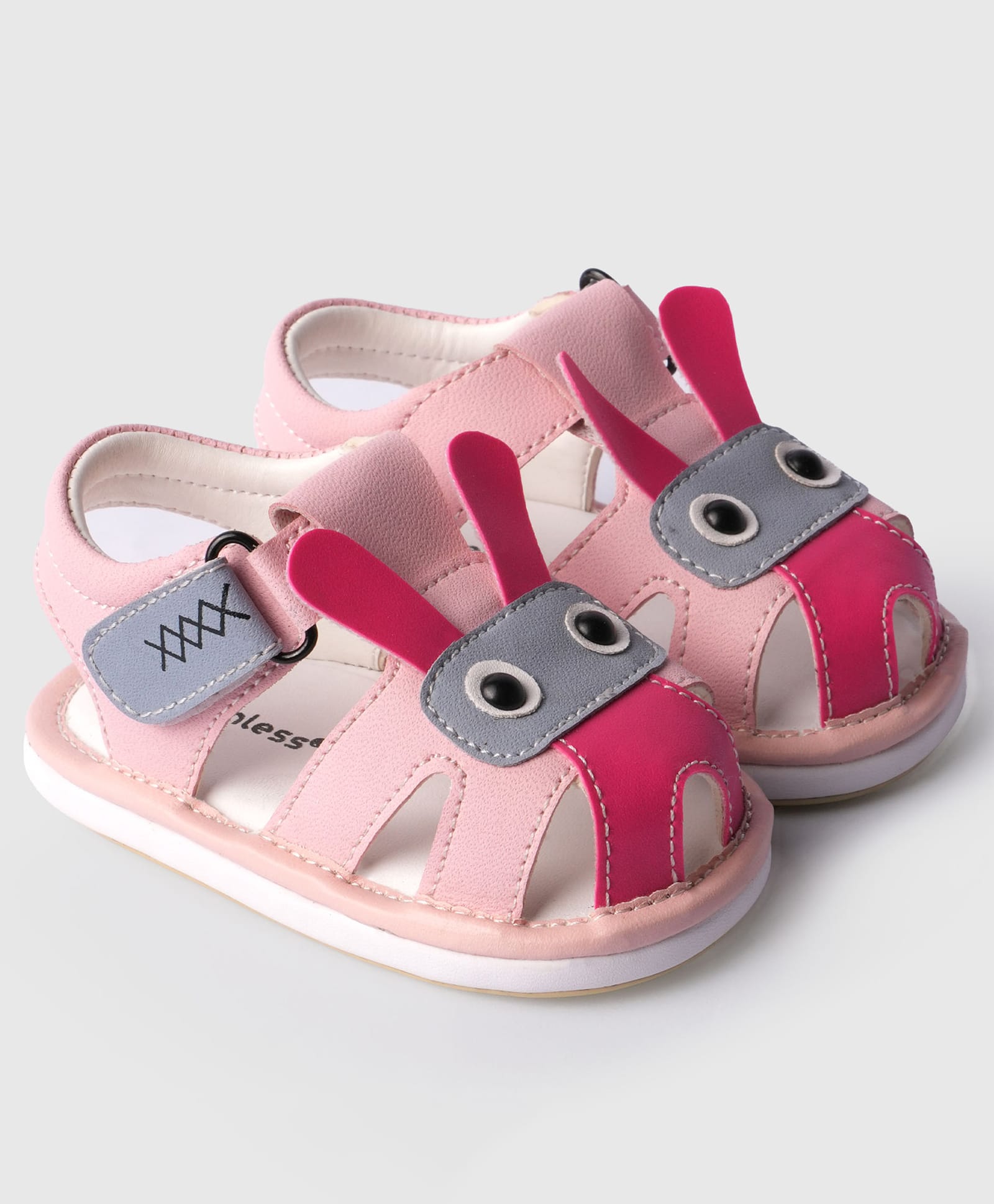 Toothless Animal Face Applique Detailed Velcro Closure Sandals - Pink