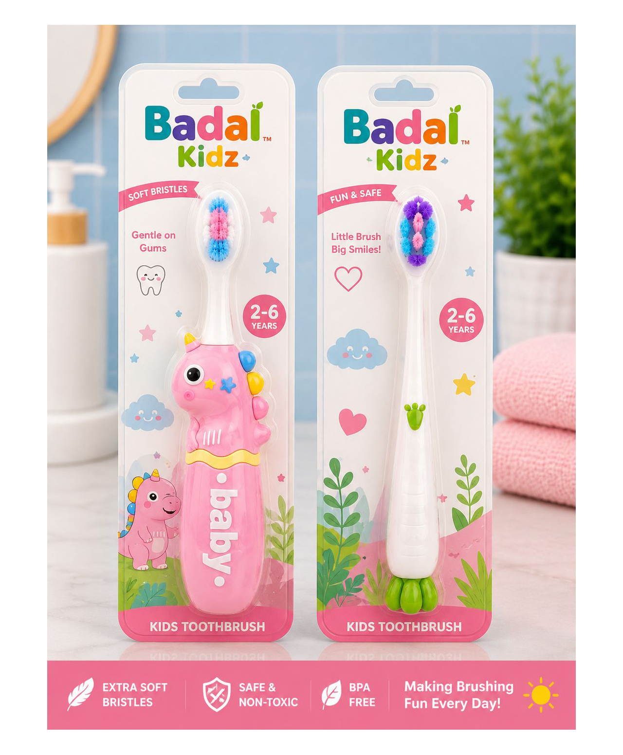 Badal Kidz Baby Toothbrush, Soft & Safe First Toothbrush for Kids (Pack of 2)- Green & Blue-image-42