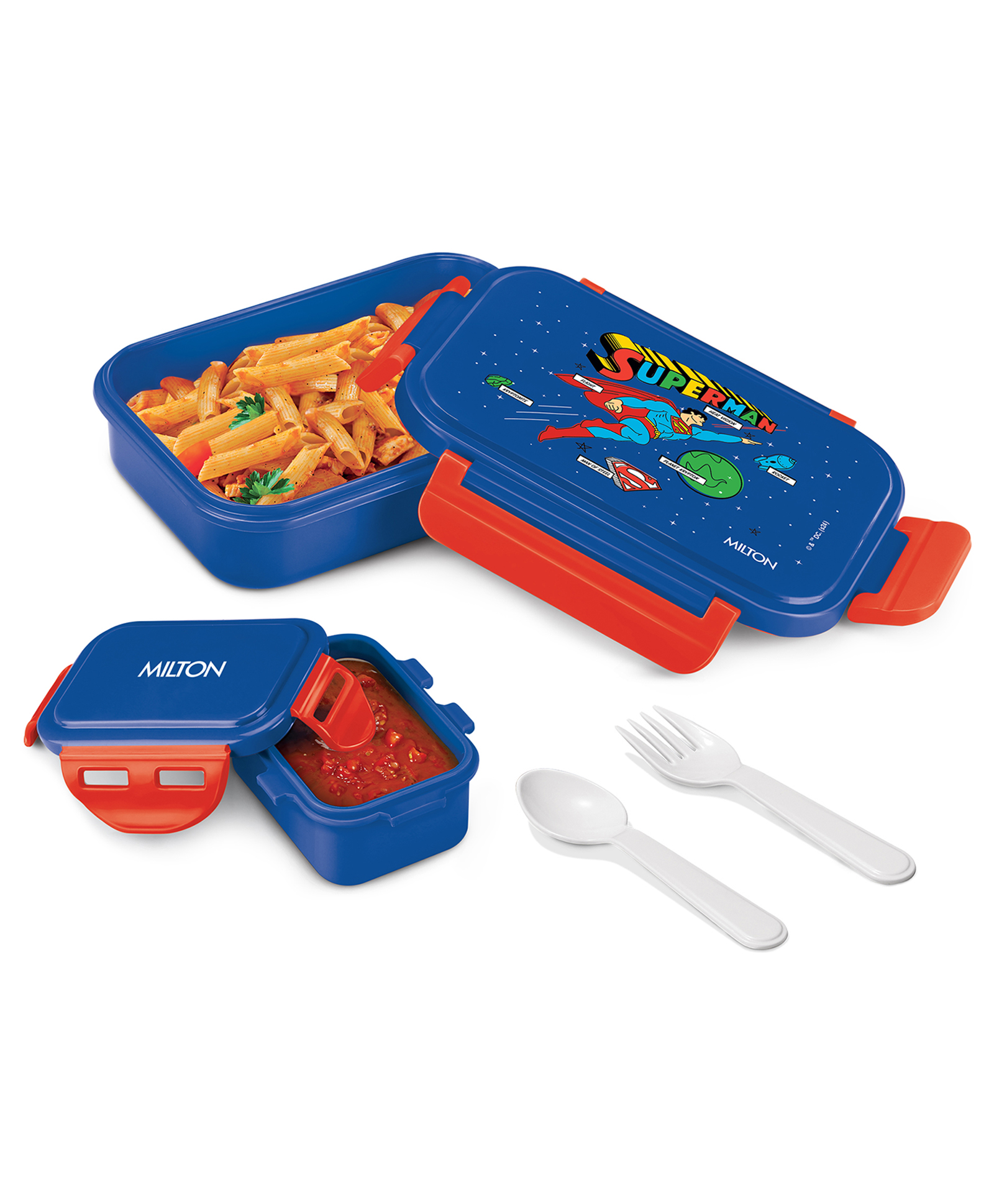 Milton Candy Tiffin with Super Man Print Kids Lunch Box Leak Proof Food Grade Container with Spoon & Fork 520 ml - Blue-picture-15