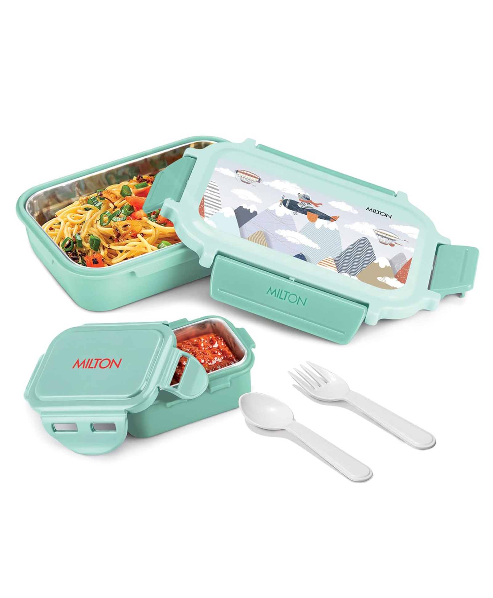 Milton Candy Tiffin with Bheem Print Kids Lunch Box Leak Proof Food Grade Container with Spoon & Fork 520 ml - Mint Green-image-15