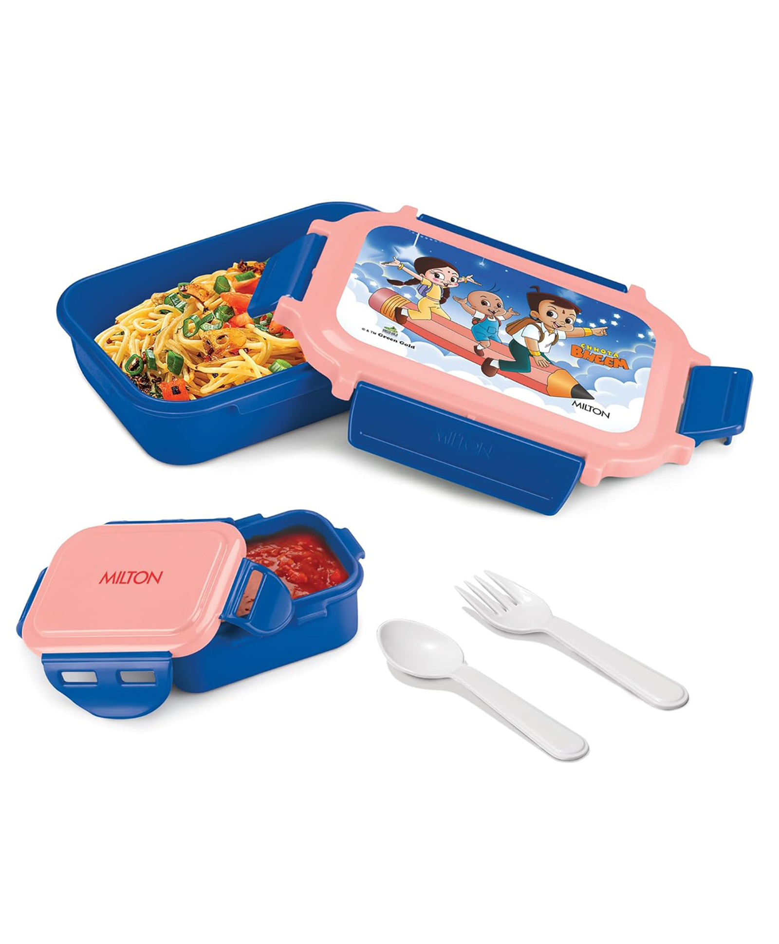 Milton Candy Tiffin With Bheem Print Kids Lunch Box Leak Proof Food Grade Container with Spoon & Fork 520 ml - Blue-image-9