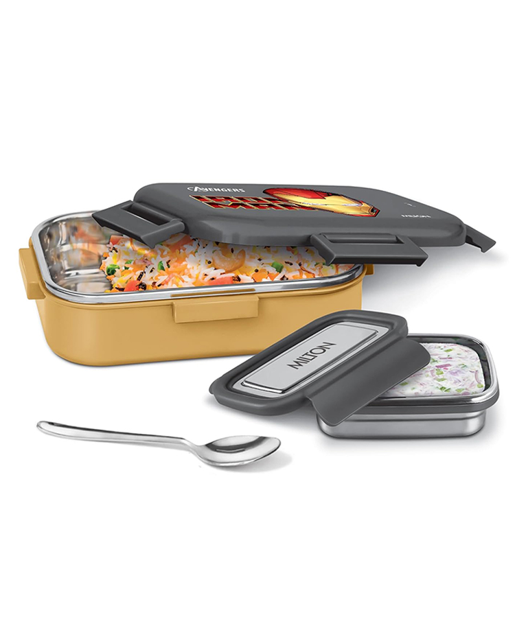 Milton Marvel Hugo Inner Steel Box with Stainless Steel Container, PU Insulated Lunch Box with Snap Lock Lid & Spoon 700 ml Iron Man Print - Black-image-38