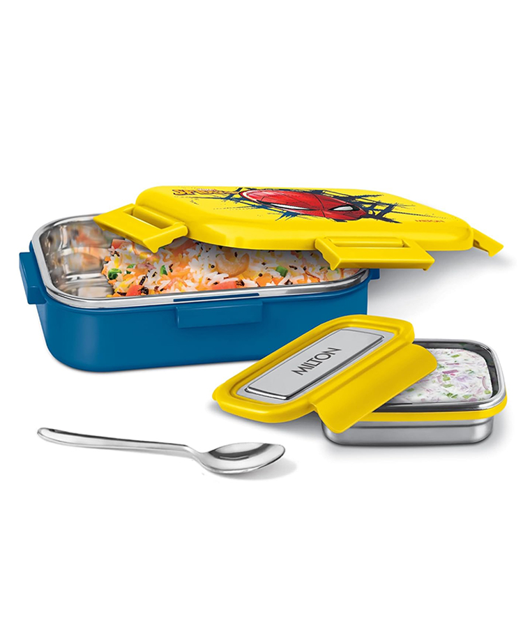 Milton Marvel Hugo Inner Steel Box with Stainless Steel Container, PU Insulated Lunch Box with Snap Lock Lid & Spoon 700 ml Spider Man Print - Yellow-image-25