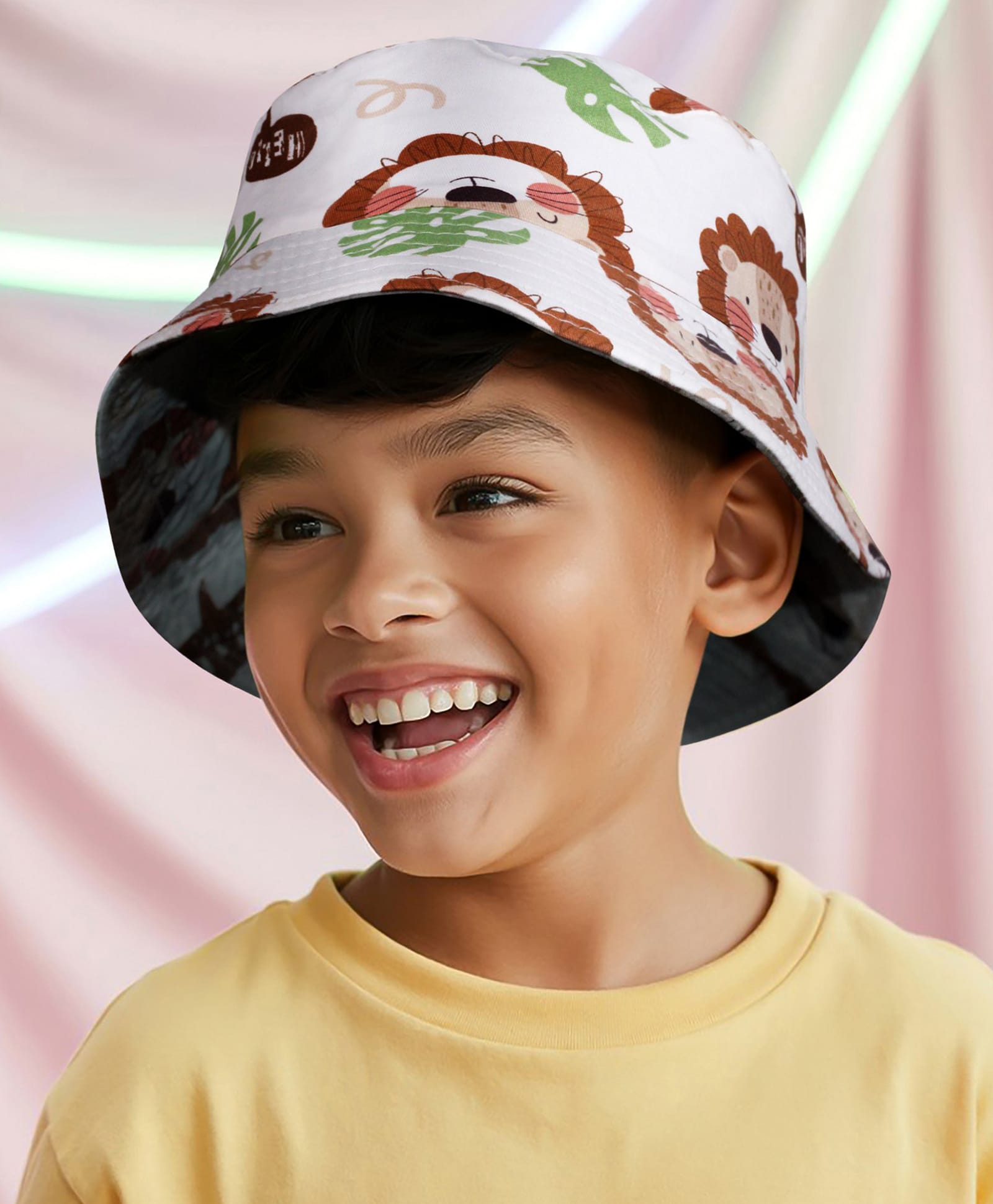 Vritraz Cotton Woven Lion Printed Bucket Hat - White - Circumference 52-56 Cm-picture-11