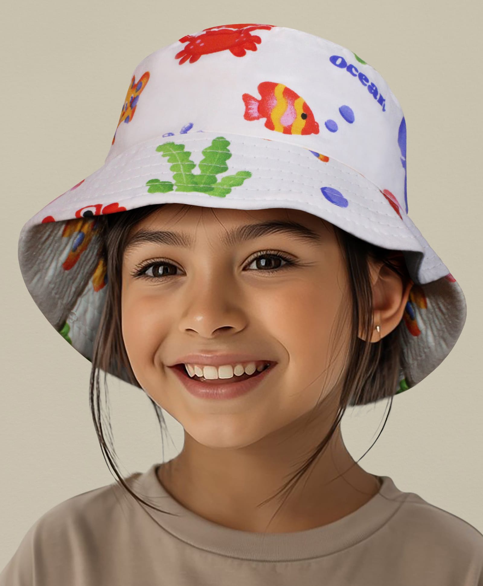 Vritraz Cotton Woven Sea Life Printed Bucket Hat - White - Circumference 52-56 Cm-picture-10