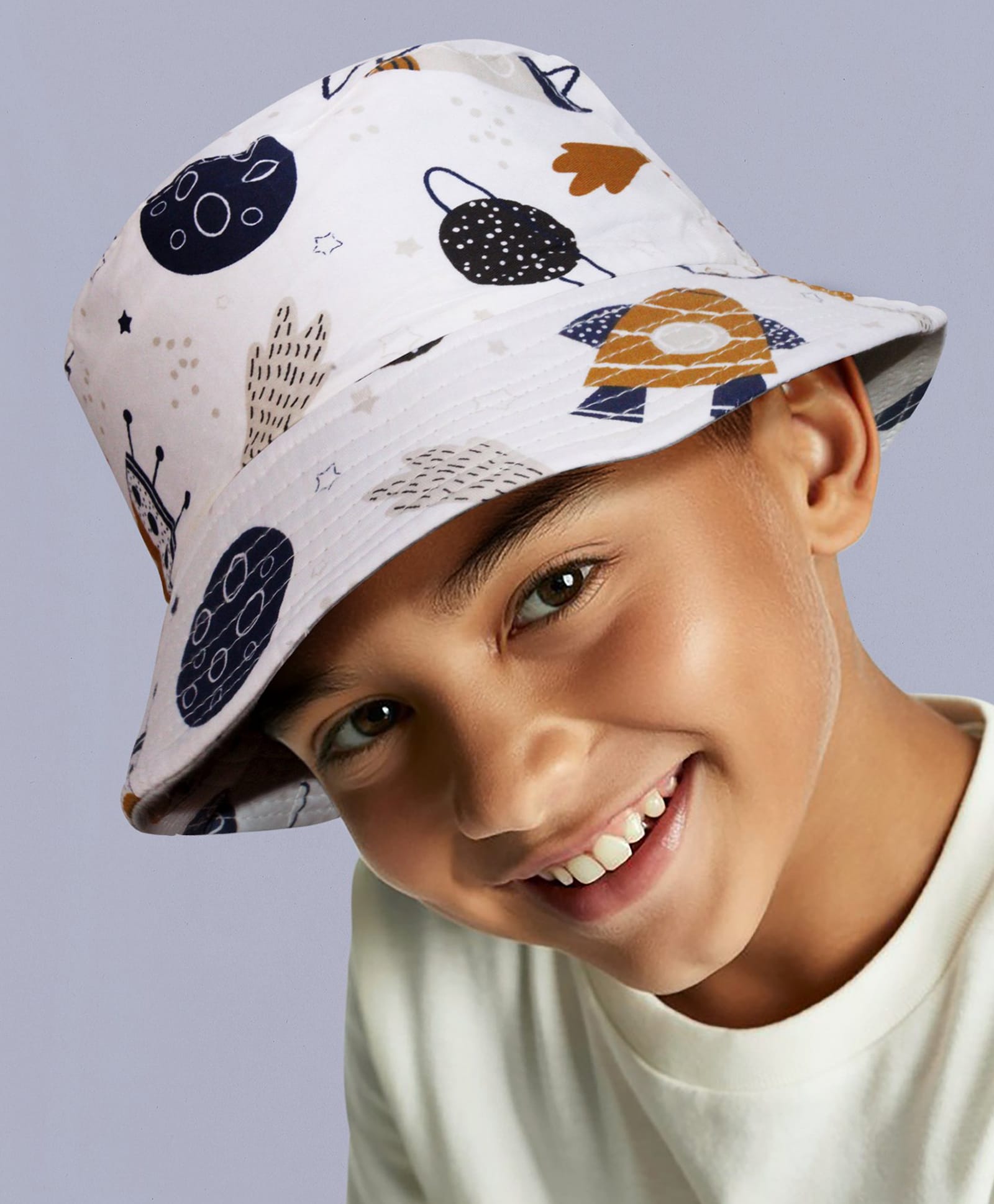Vritraz Cotton Woven Space Theme Printed Bucket Hat - White - Circumference 52-56 Cms-image-22