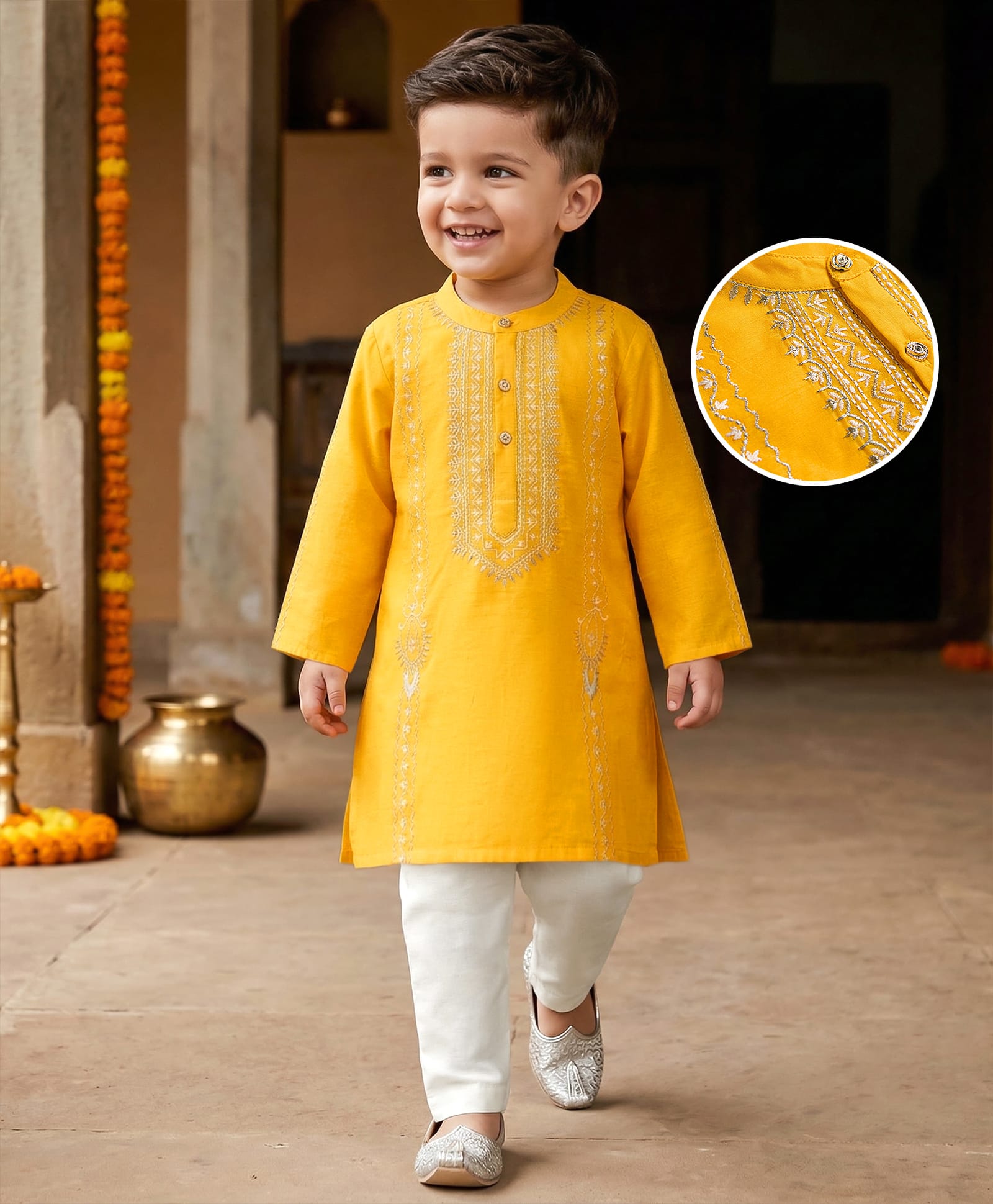Babyhug Chanderi Woven Full Sleeves Kurta Pajama Set with Embroidery - Yellow-image-46