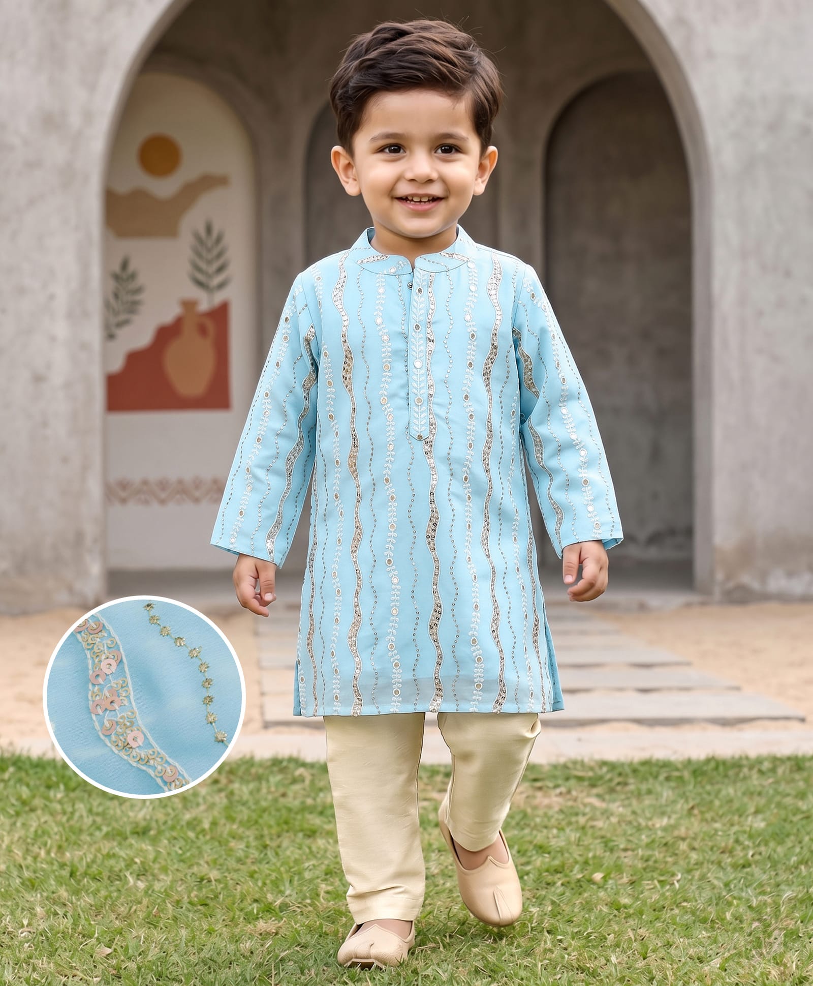 Babyhug Georgette Woven Full Sleeves Kurta Pyjama Set With Sequin & Embroidery Detailing - Aqua Blue-image-41
