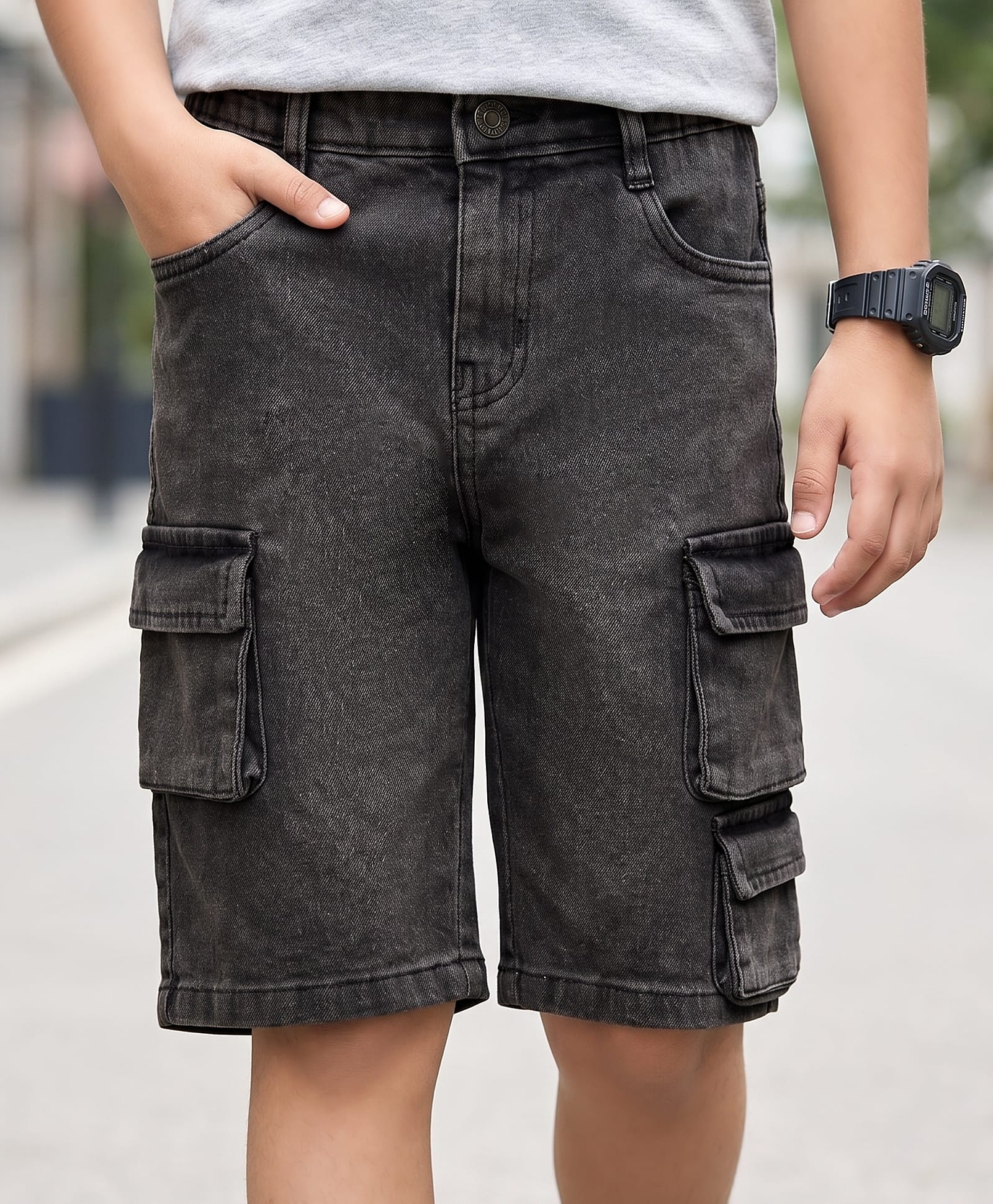 arias by lara dutta Arias Cotton Stretch Woven Knee Length Washed Shorts With Cargo Pocket - Grey-picture-28