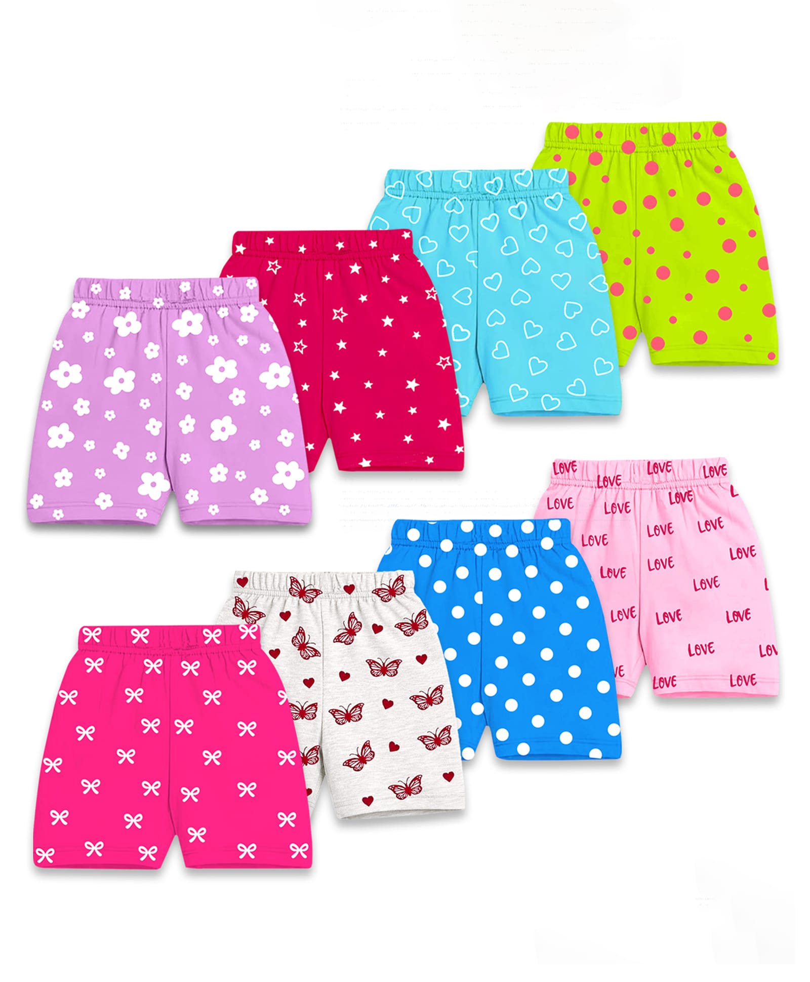KUCHIPOO Cotton Blend Knit Pack Of 8 Floral Hearts & Butterfly Printed Shorts - Multi Colour-picture-20