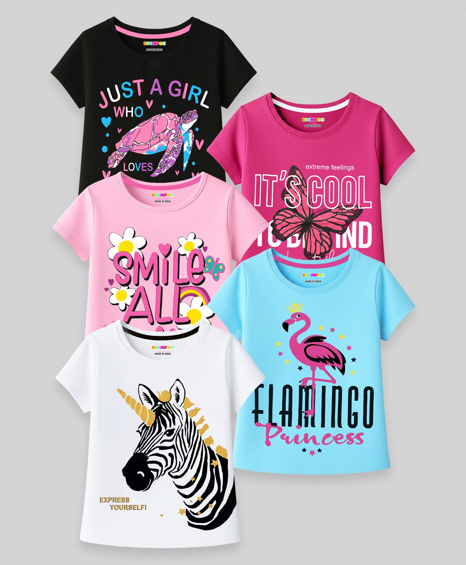 KUCHIPOO Cotton Blend Knit Pack Of 5 Half Sleeves Flamingo & Smile All Day Text Printed Tees - Multi Colour-image-12