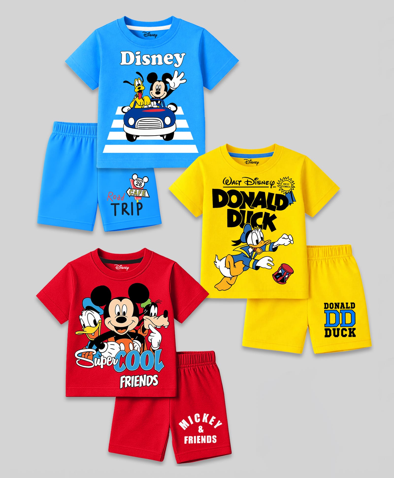 KUCHIPOO Cotton Blend Knit Pack Of 3 Disney Mickey & Friends Featuring Half Sleeves Characters Printed Tees & Shorts - Multi Colour-image-34