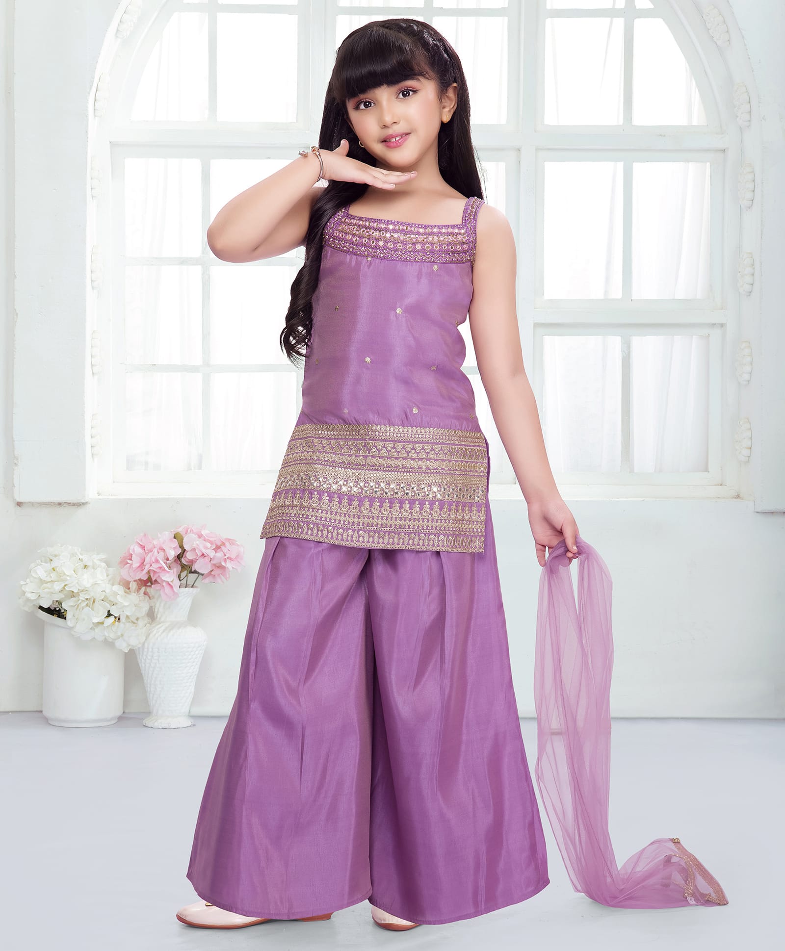 Ministitch Jacquard Woven Sleeveless Floral Embroidered & Lace Embellished Kurti & Palazzo With Dupatta - Lavender-image-32