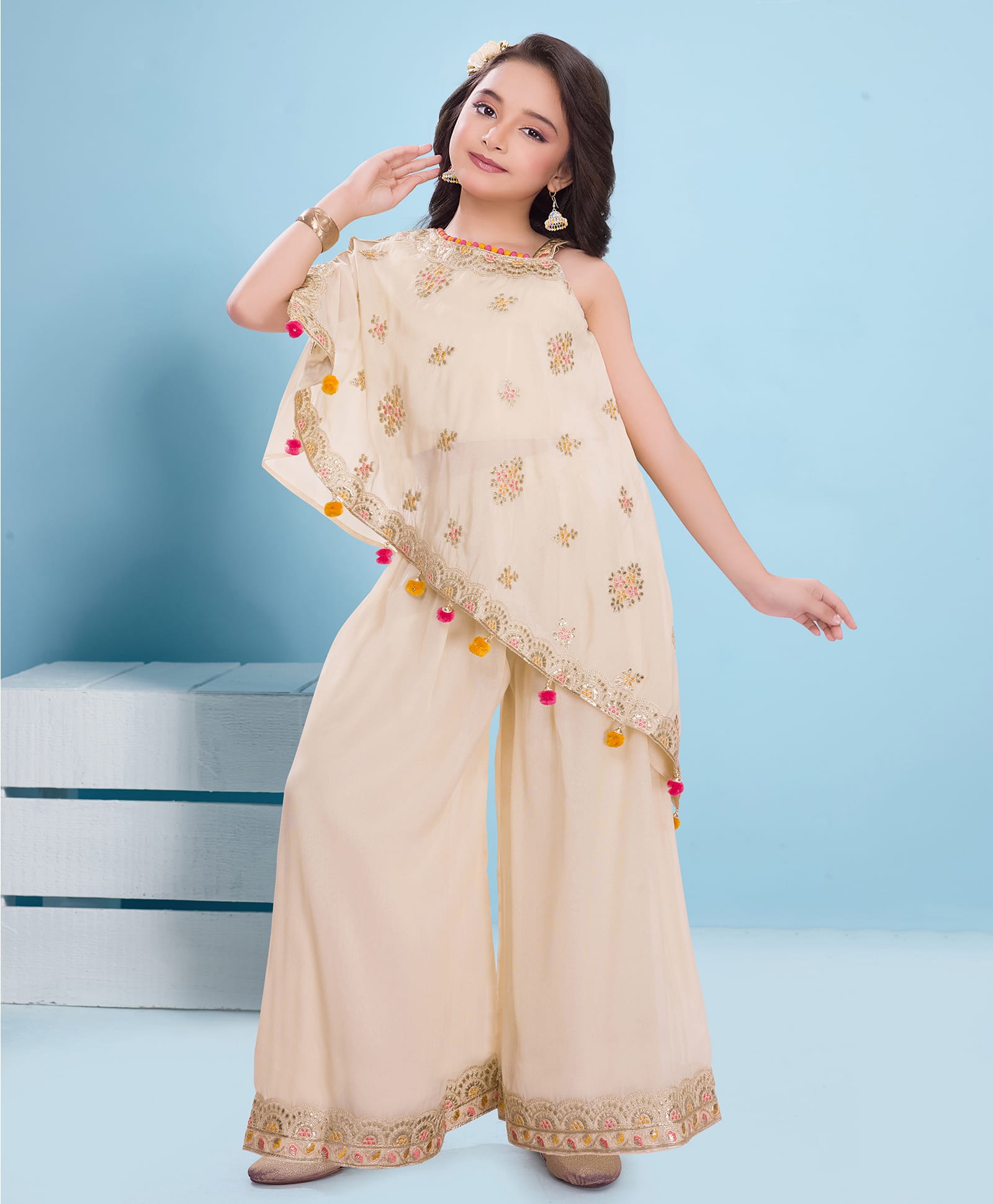 Ministitch Tissue Woven Sleeveless Floral Embroidered Pom Pom Embellished Asymmetrical Kurti & Palazzo Set - Cream-image-23