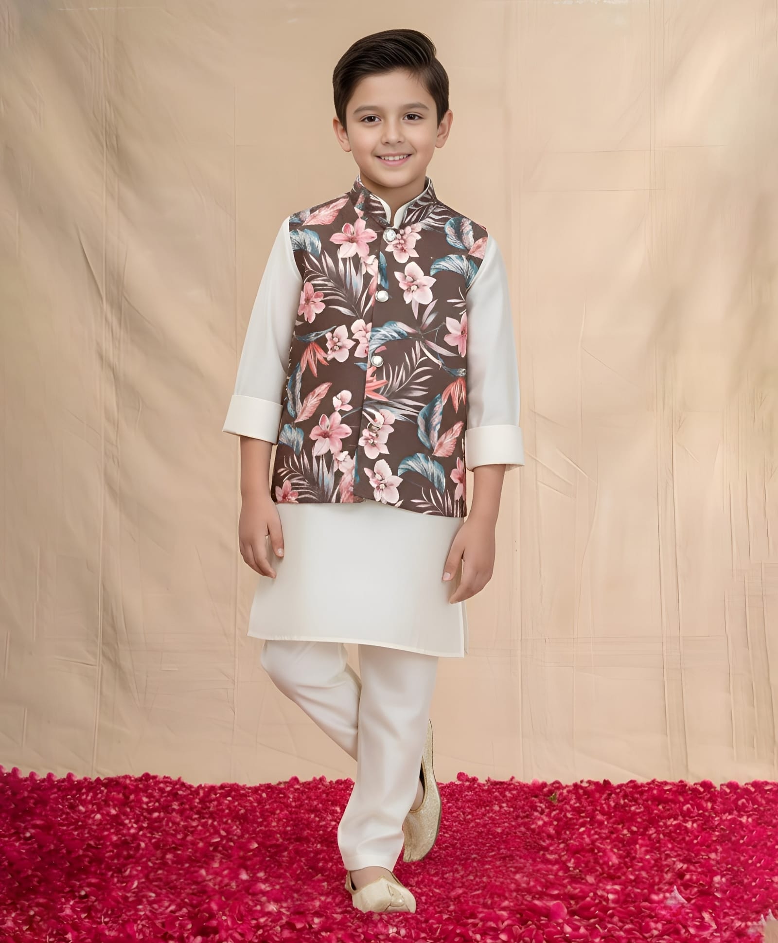 Ministitch Cotton Silk Woven Full Sleeves Solid Kurta & Pyjama With Floral Printed Nehru Jacket Set - Olive Green-image-30