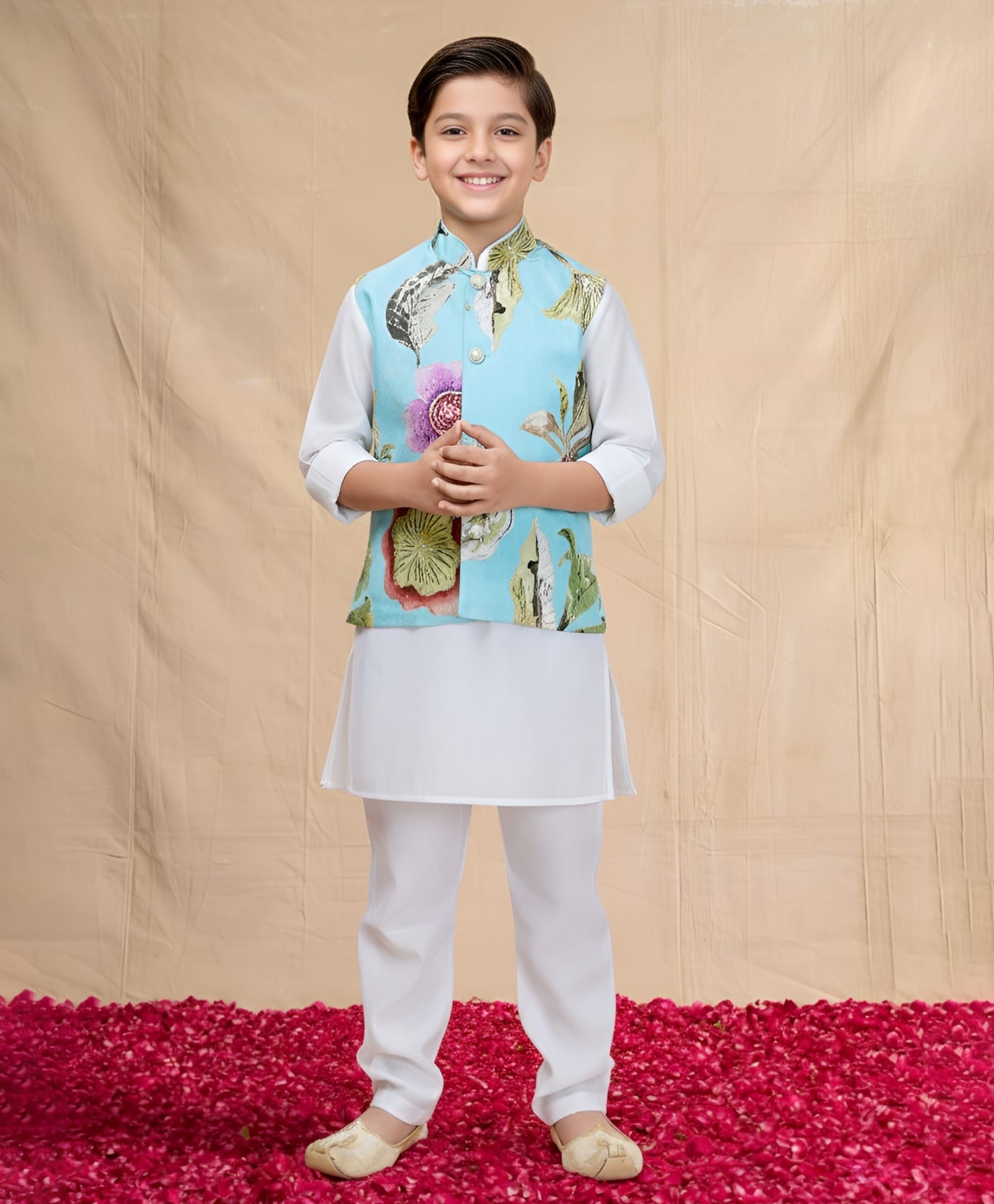 Ministitch Cotton Silk Woven Full Sleeves Solid Kurta & Pyjama With Floral Printed Nehru Jacket Set - Sky Blue-image-29