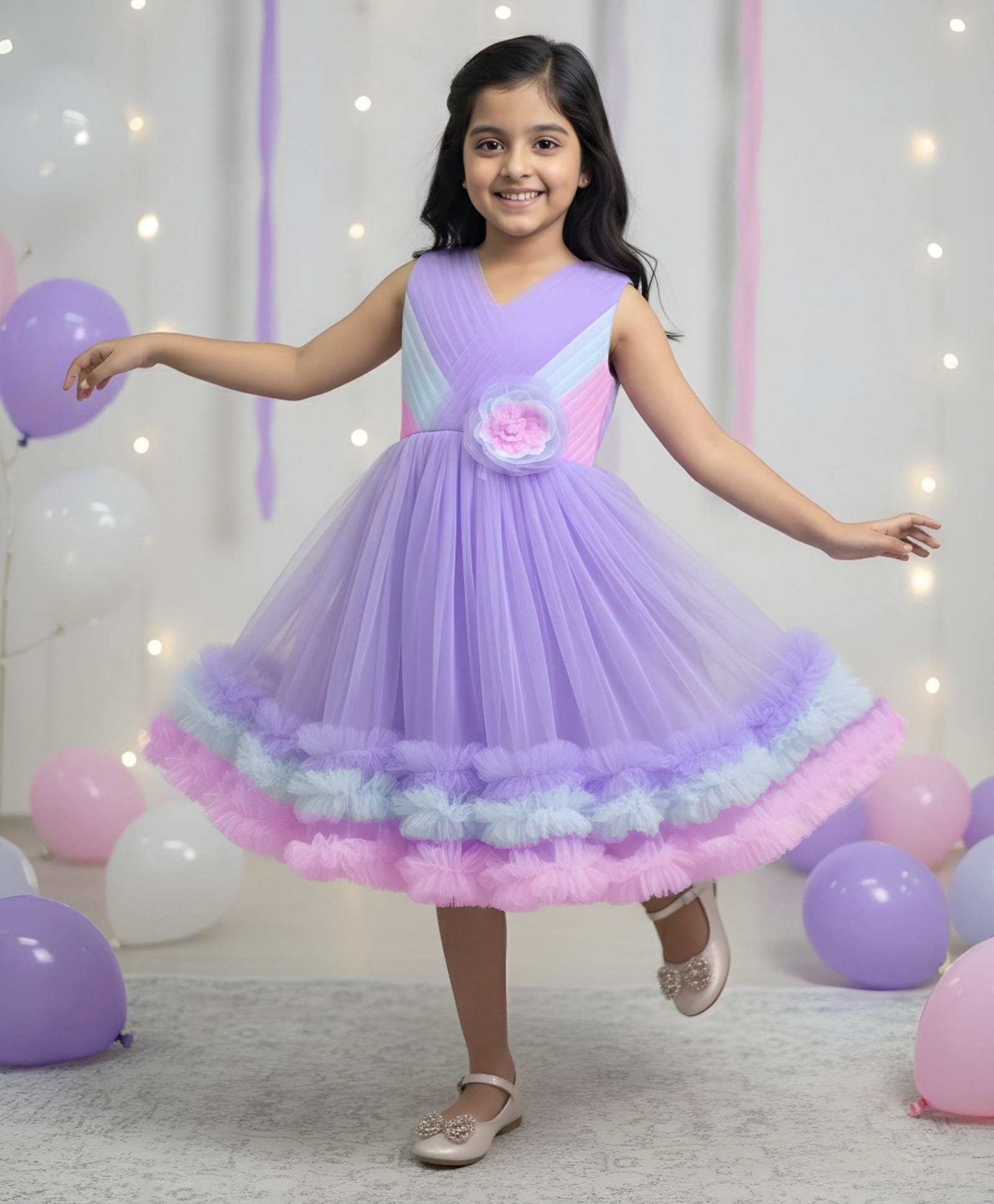 Ministitch Mesh Woven Sleeveless Floral Applique & Ruffles Detailed Dress - Lilac-picture-29