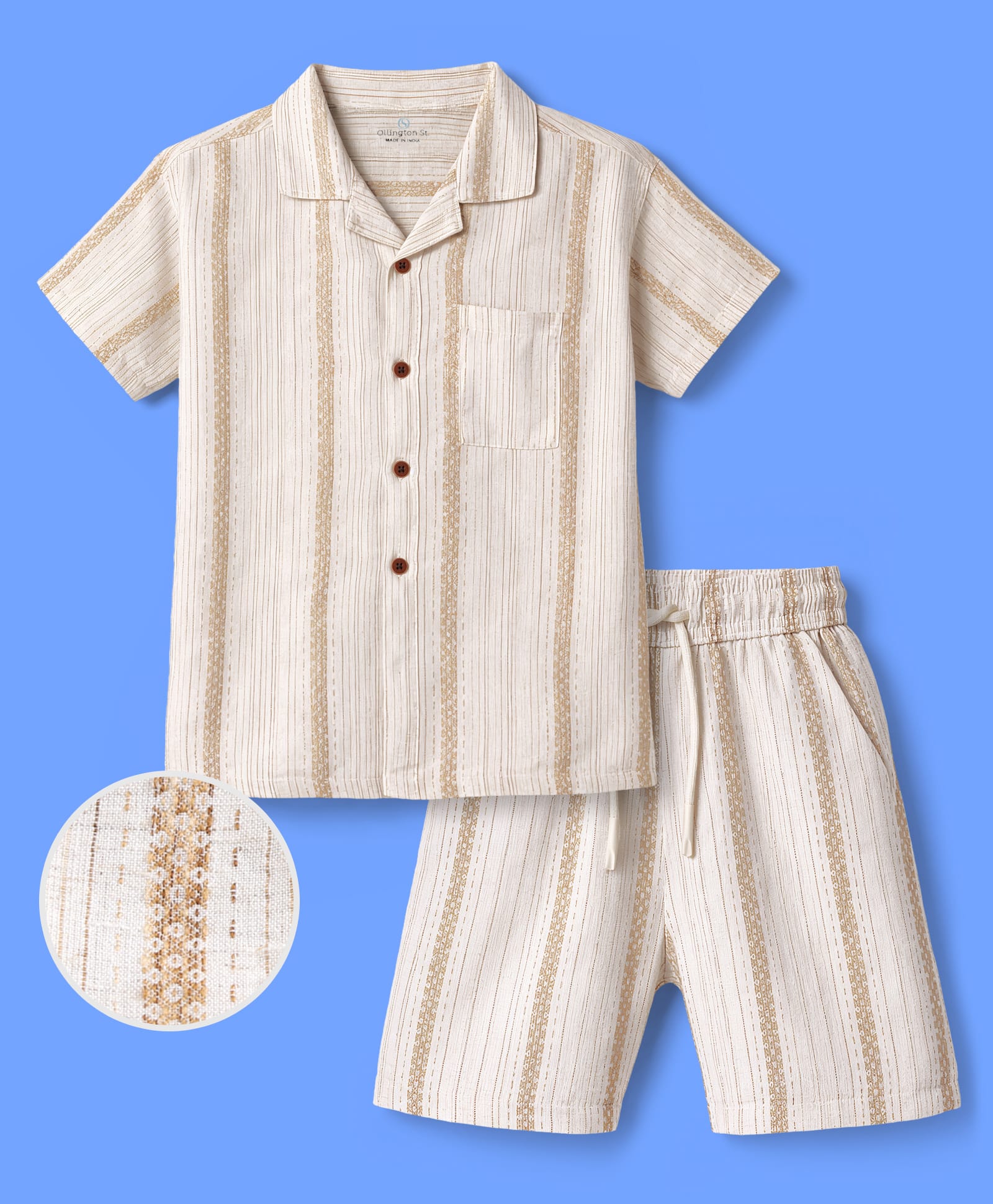 OLLINGTON ST. Cotton Woven Half Sleeves Shirt & Shorts Striped Co-Ord Set - Beige-image-3