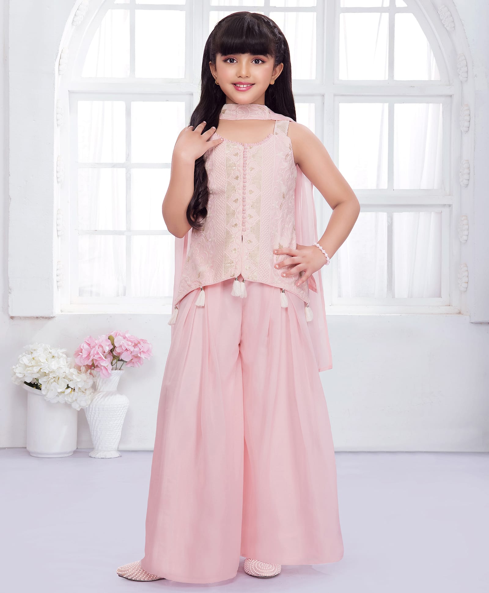 Ministitch Georgette Woven Sleeveless Floral Embriodered Kurti & Palazzo With Dupatta Set - Baby Pink-image-46