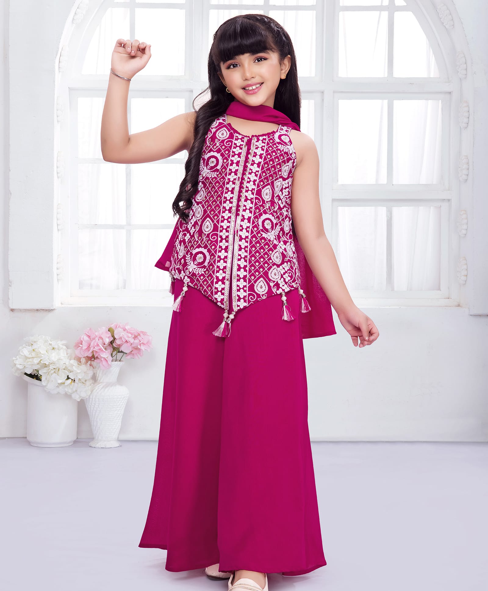 Ministitch Georgette Woven Sleeveless Floral Embriodered Kurti & Palazzo With Dupatta Set - Pink