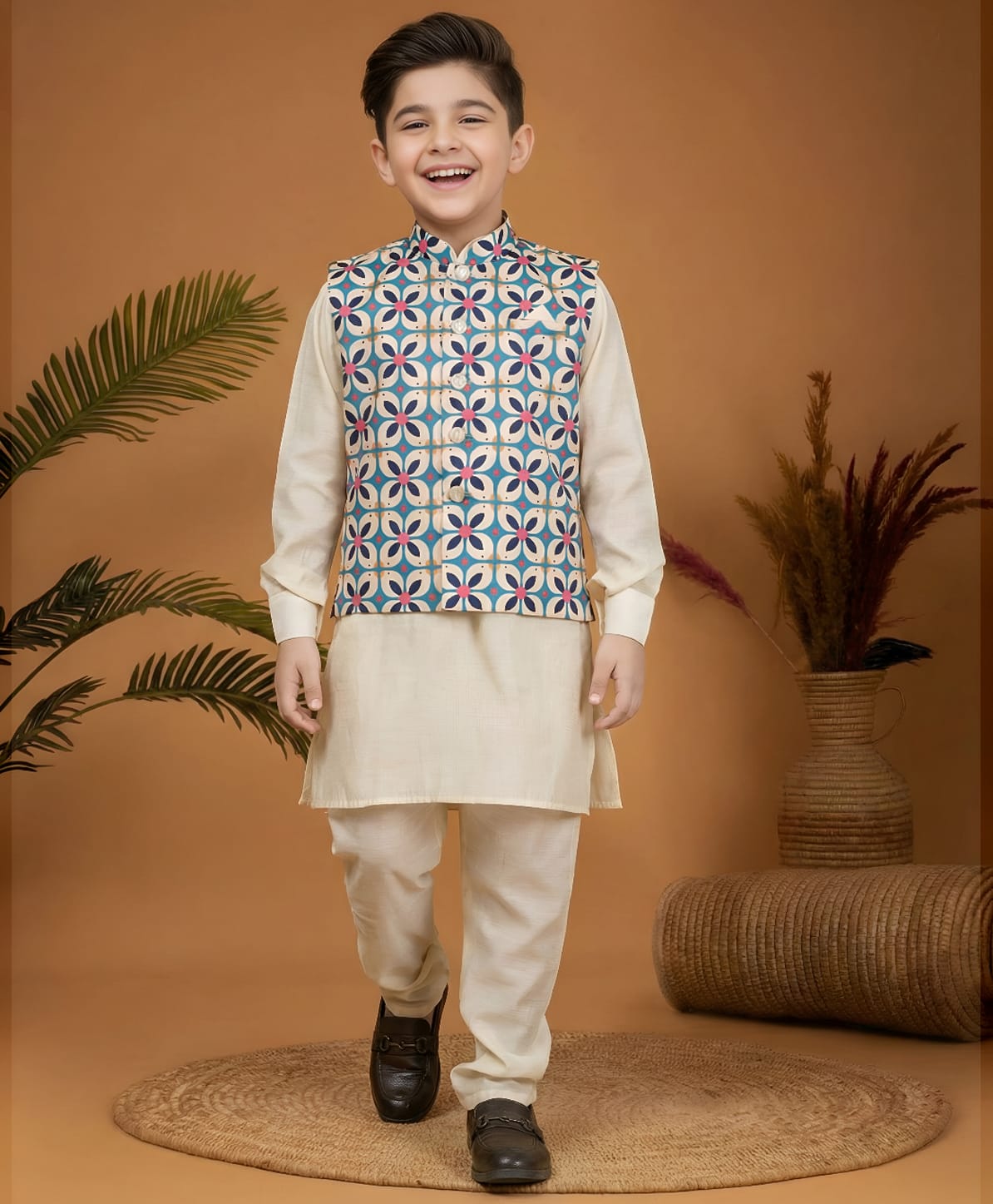 Ministitch Cotton Woven Ful Sleeves Solid Kurta & Pyjama Set With Abstract Printed Jacket - Green-image-45