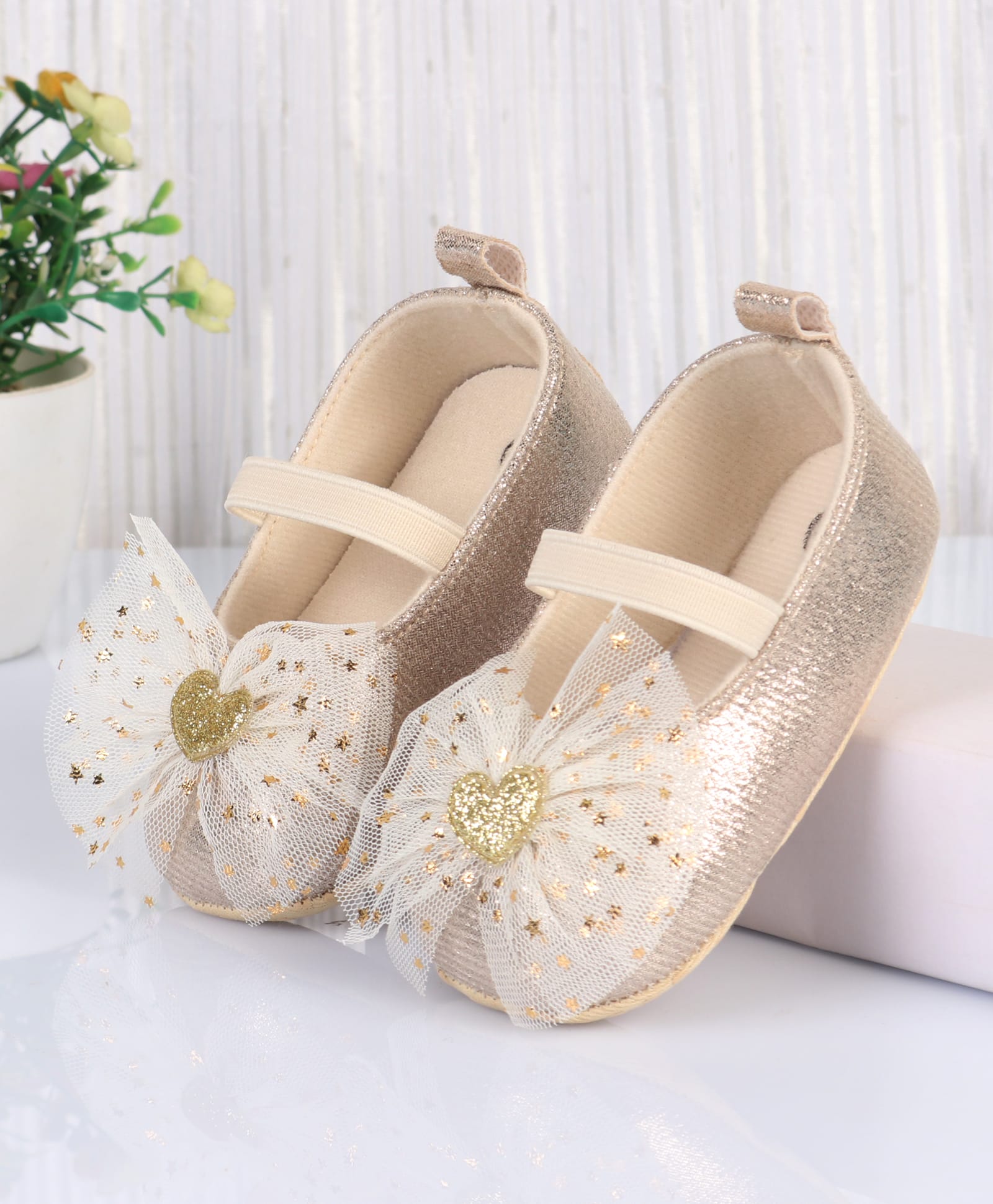 Cute Walk by Babyhug Slip On Booties With Bow Applique- Golden-picture-22