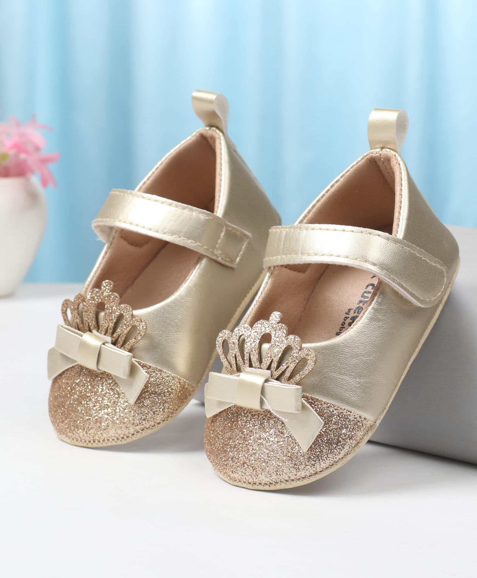 Cute Walk by Babyhug Velcro Closure Booties with Crown Applique - Golden-picture-12