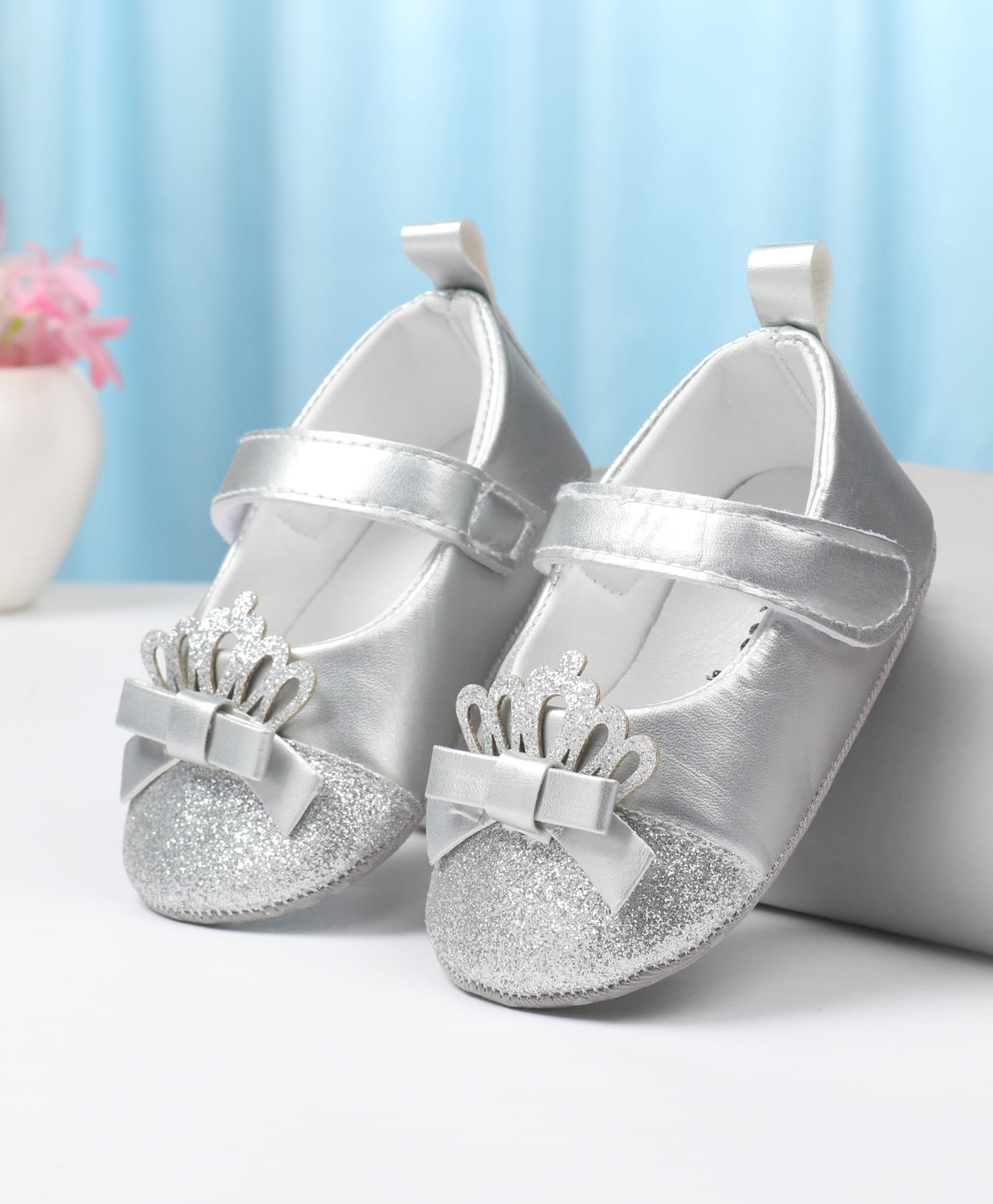 Cute Walk by Babyhug Velcro Closure Booties with Crown Applique - Silver-image-37