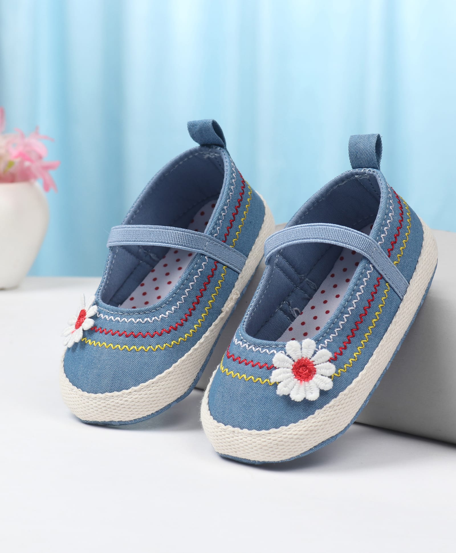 Cute Walk by Babyhug Slip On Booties with Floral Applique - Blue-image-27