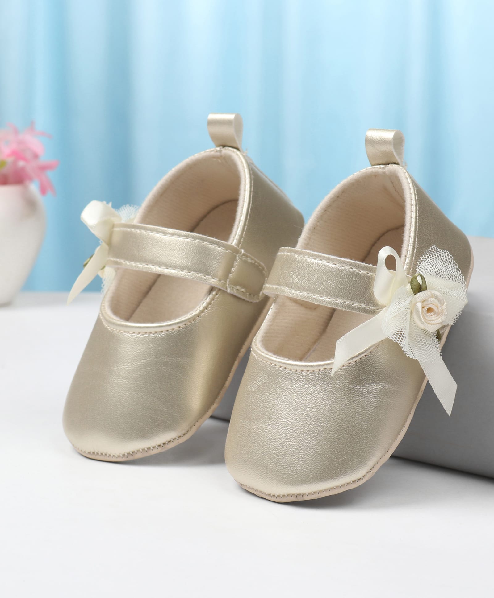 Cute Walk by Babyhug Velcro Closure Booties with Floral Applique - Golden-picture-24
