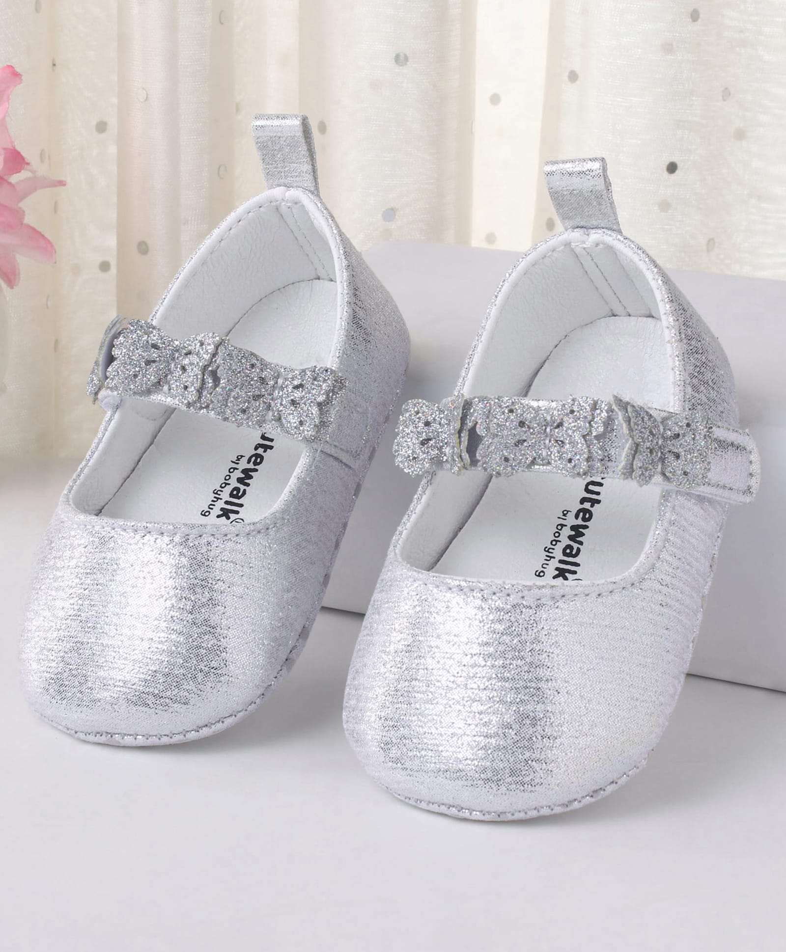 Cute Walk by Babyhug Velcro Closure Booties with Butterfly Applique - Silver-image-36