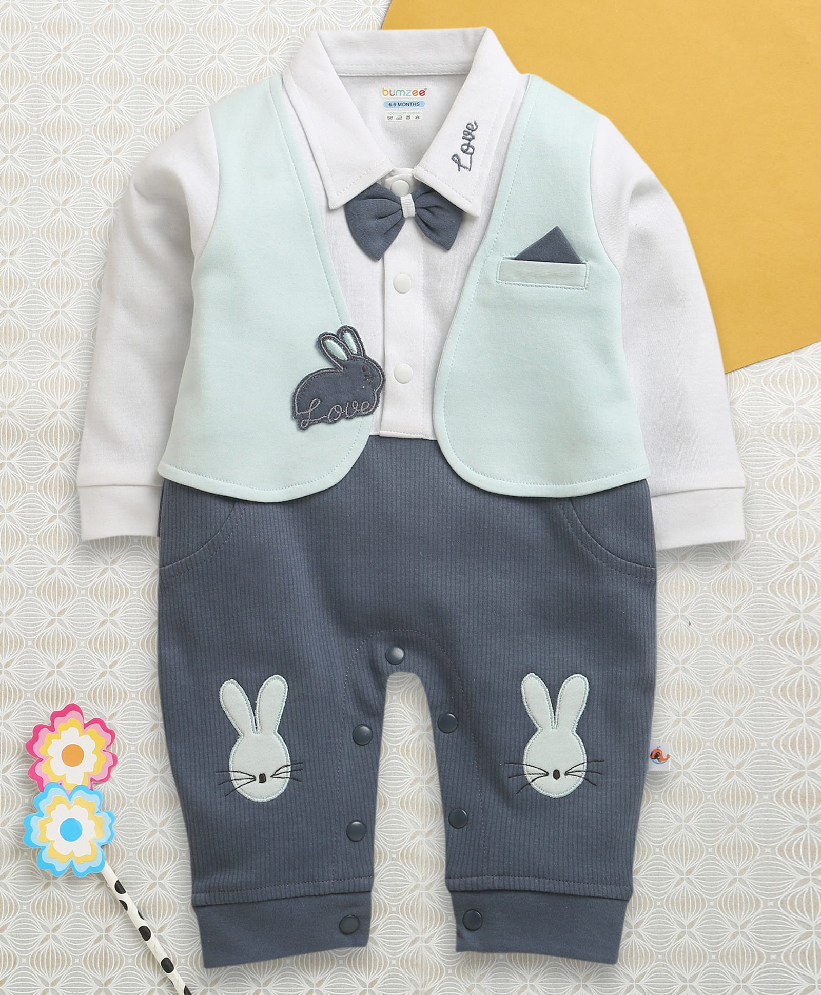 BUMZEE Cotton Knit Full Sleeves Bunny Embroidered Party Romper With Bow Applique & Attached Waistcoat - Blue & Sky Blue-picture-12