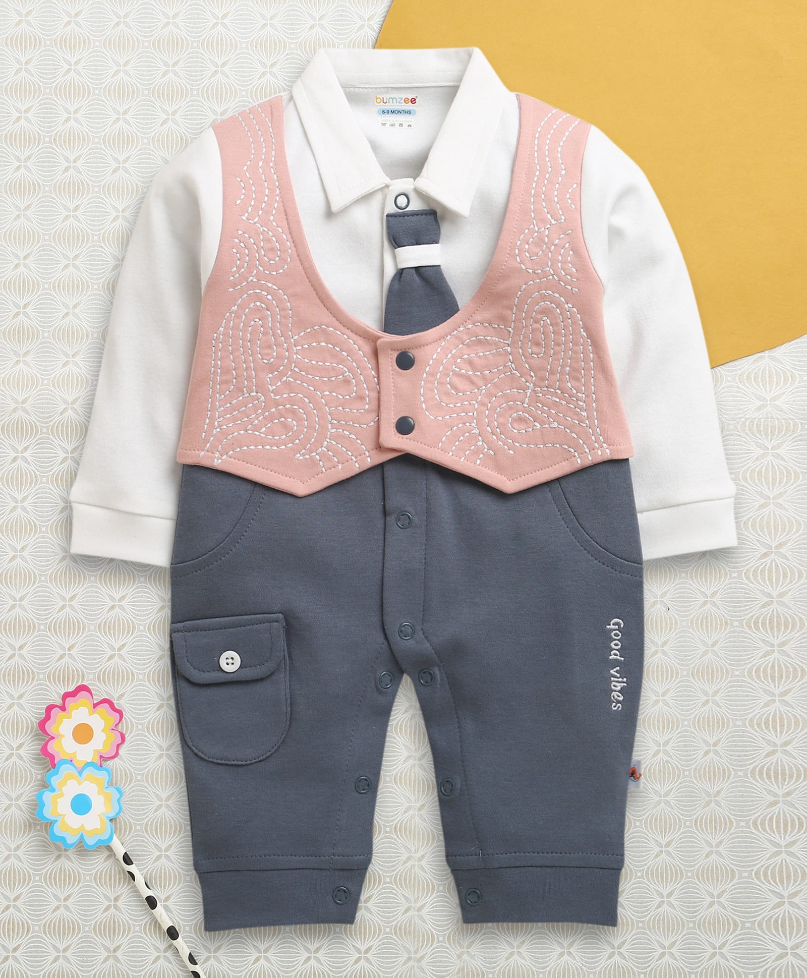 BUMZEE Cotton Knit Full Sleeves Graphic Embroidered Party Romper With Tie Applique & Attached Waistcoat - Blue & Pink-image-26