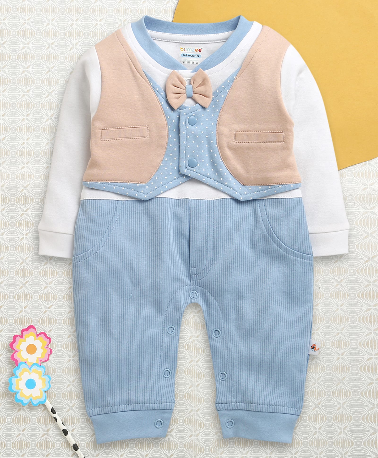 BUMZEE Cotton Knir Full Sleeves Polka Dot Printed & Striped Party Romper With Bow Applique & Attached Waistcoat - Blue & Peach-image-18
