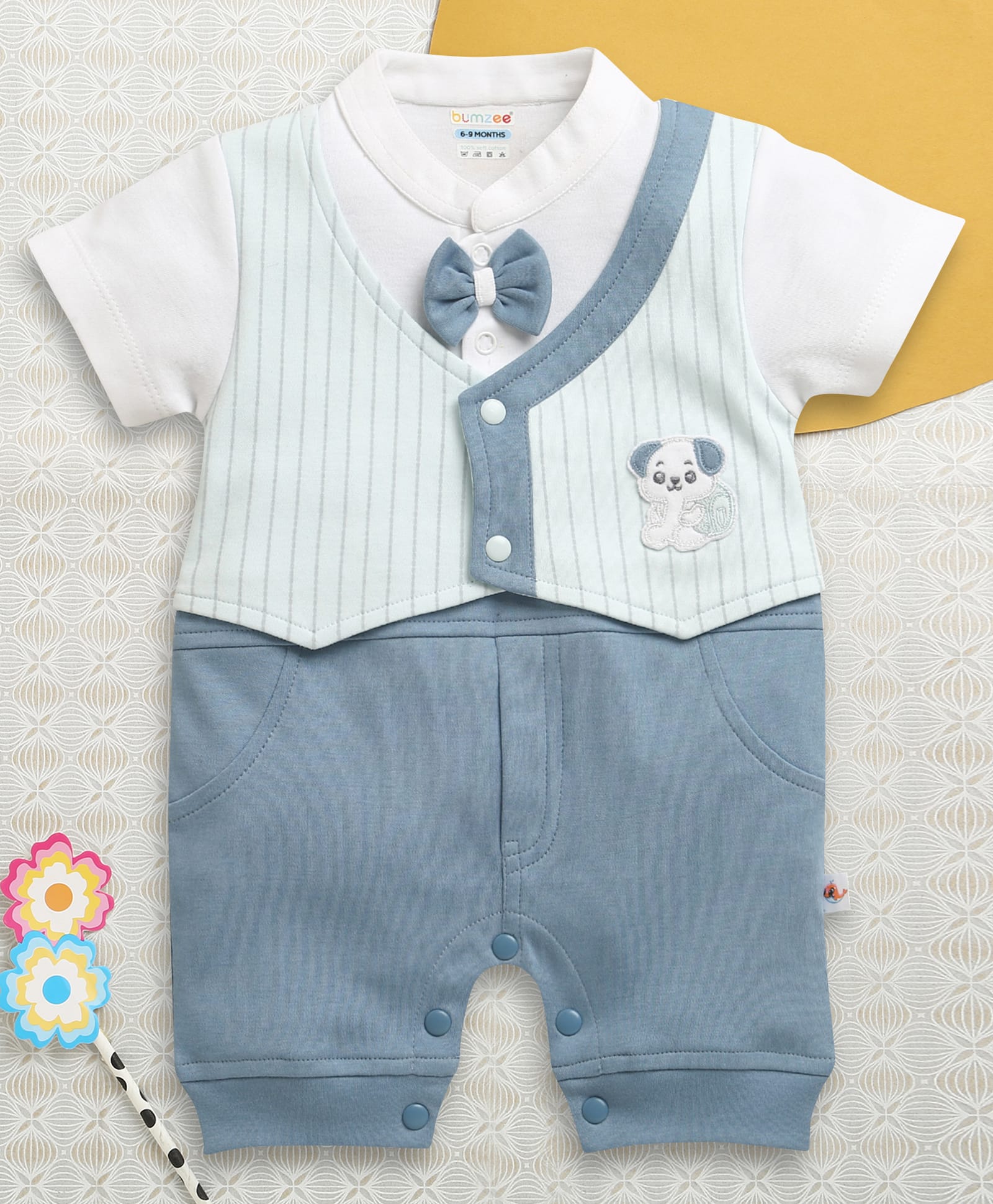 BUMZEE Cotton Knit Half Sleeves Teddy Embroidered Party Romper With Bow Applique & Attached Waistcoat - Blue-image-24