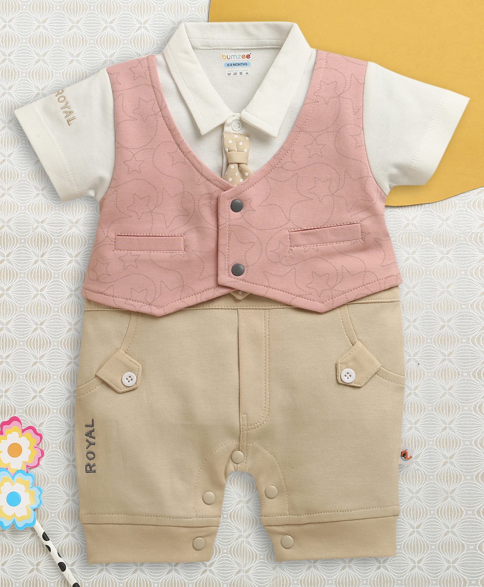 BUMZEE Cotton Knit Half Sleeves Star Printed Party Romper With Tie Applique & Attached Waistcoat - Beige & Pink-picture-15