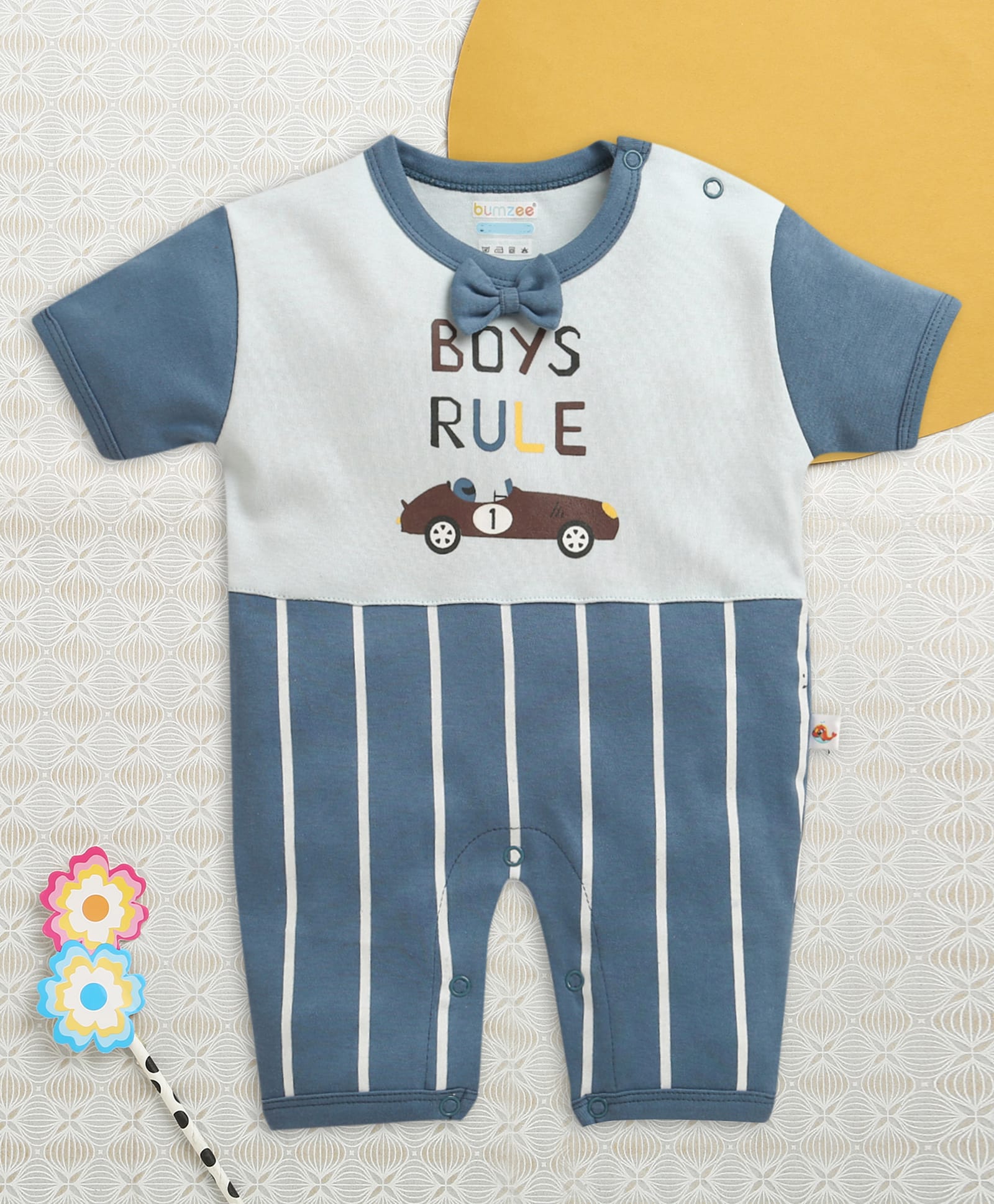 BUMZEE Cotton Knit Half Sleeves Striped & Car Printed Romper - Blue-image-11