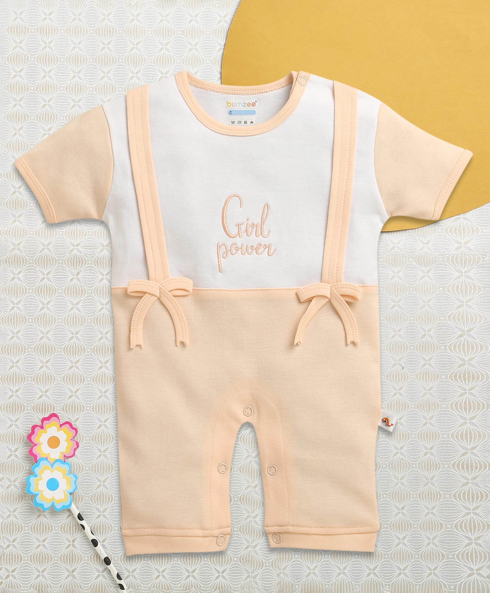 BUMZEE Cotton Knit Half Sleeves Romper with Text Embroidery & Bow Applique -Peach-image-36