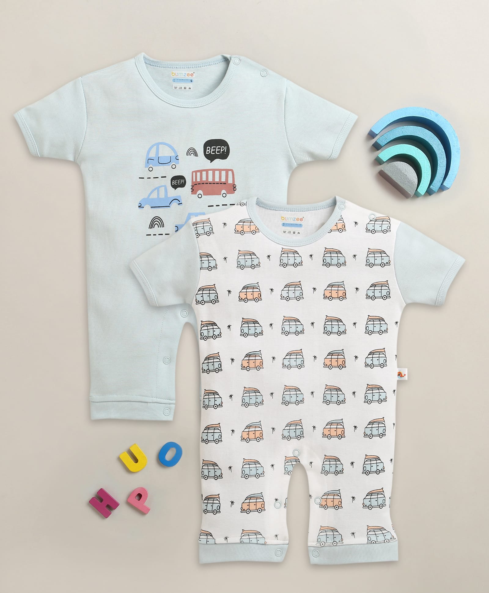 BUMZEE Cotton Knit Half Sleeves Car Printed Romper Pack of 2 -White & Blue-image-8