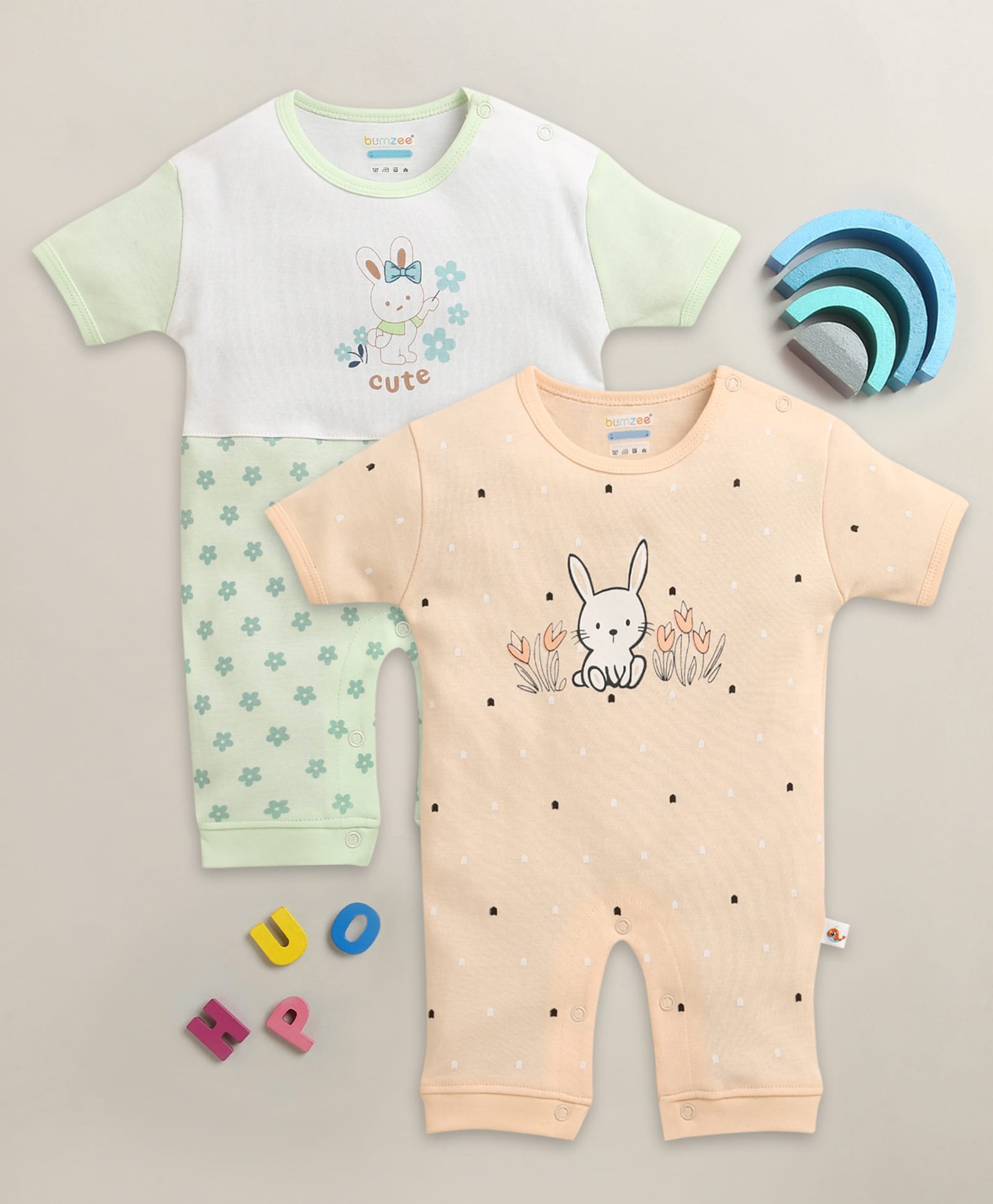BUMZEE Cotton Knit Half Sleeves Floral & Rabbit Printed Rompers Pack of 2 - Peach & Green-image-47