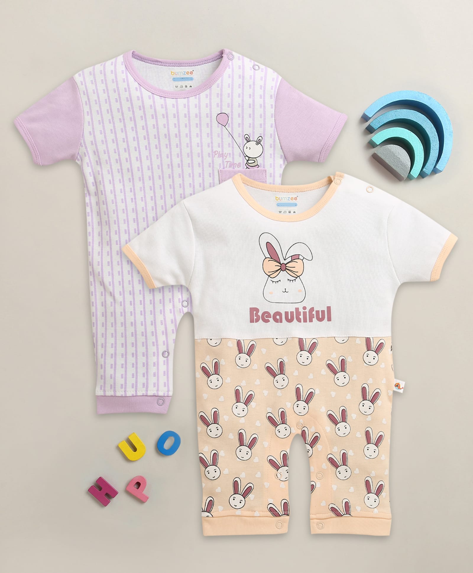 BUMZEE Cotton Knit Half Sleeves Striped & Rabbit Printed Rompers Pack of 2 - Peach & White-image-17